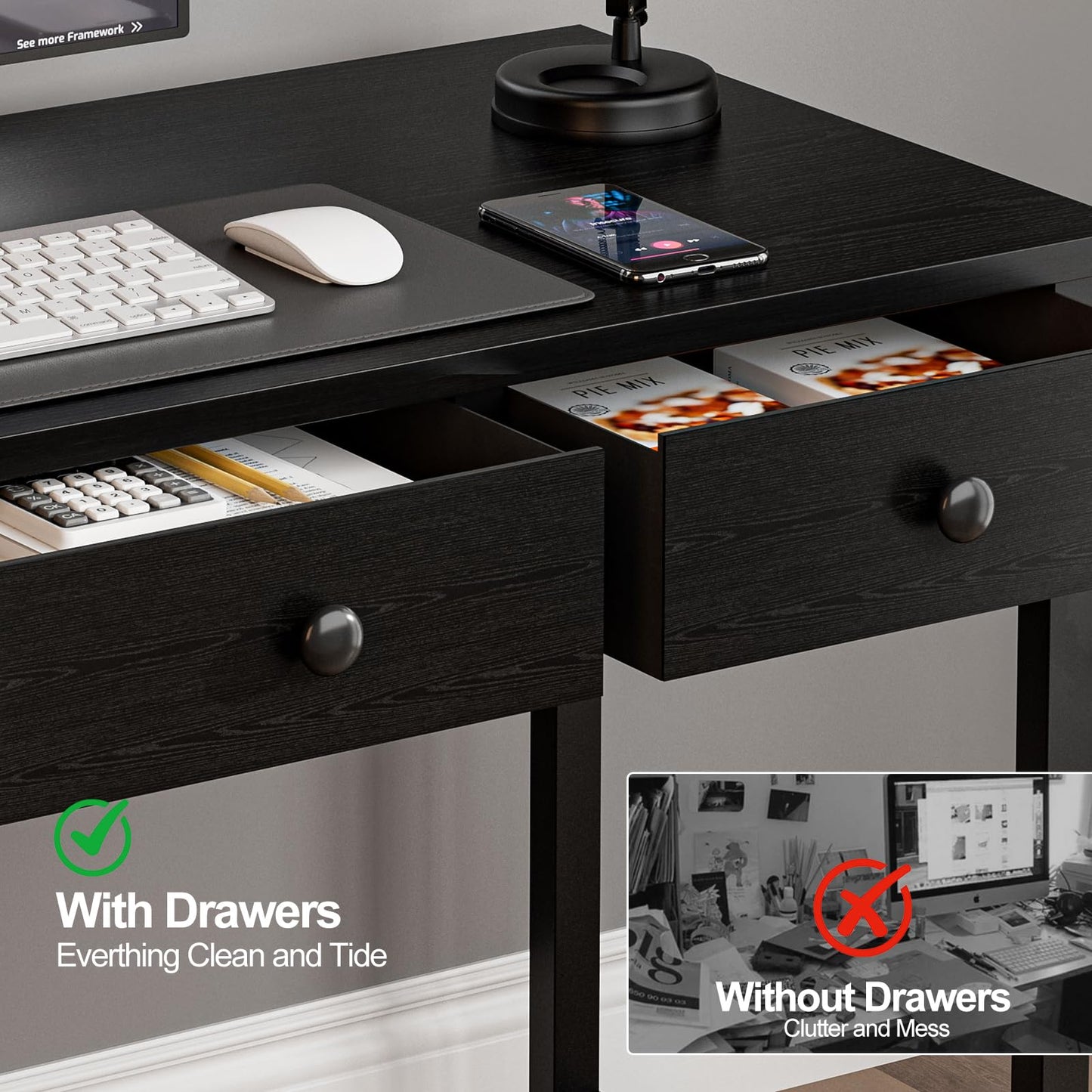Grandder Small Computer Desk with 2 Fabric Drawers, 80 x 40 cm Home Office Desk with Storage Bags and Drawers