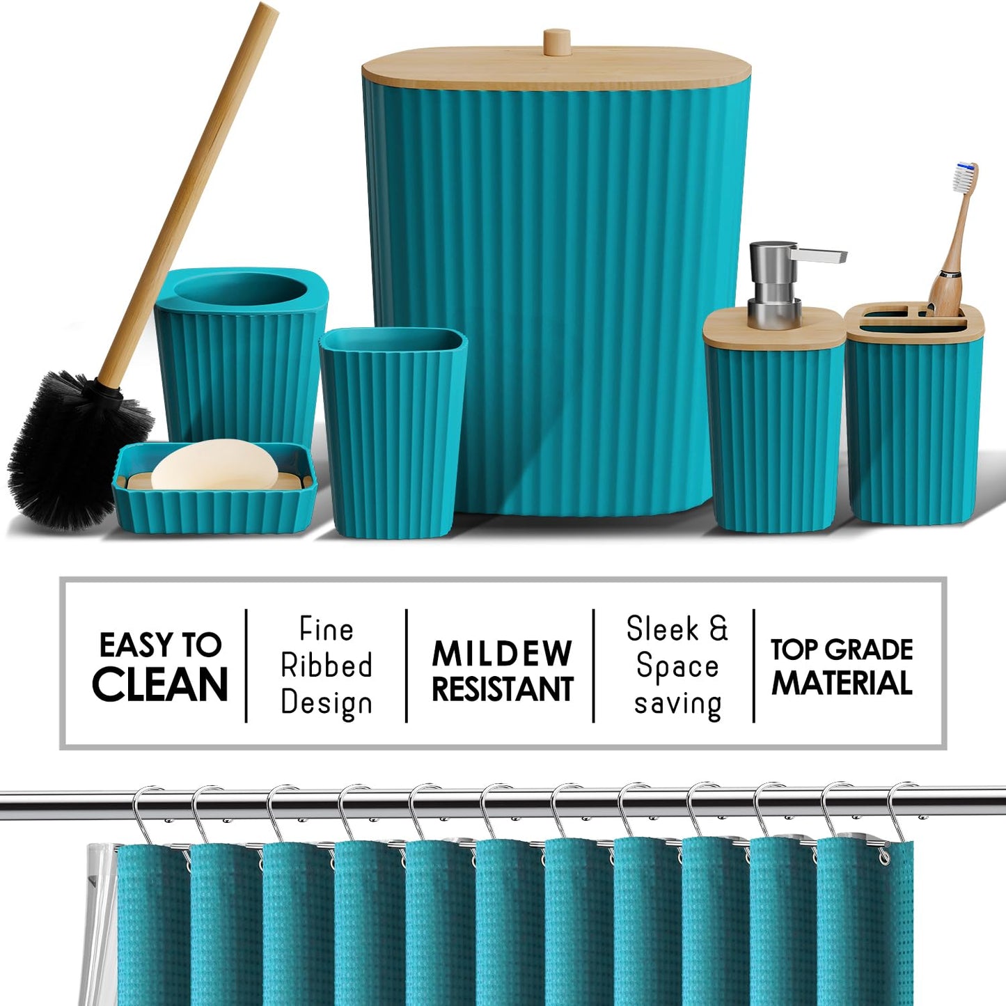 Shower Caddy and Bathroom Accessories Set with Bath Rugs, 27PC Bathroom Accessory Set with Shower Caddies Teal Bath Rugs, Shower Curtain Set