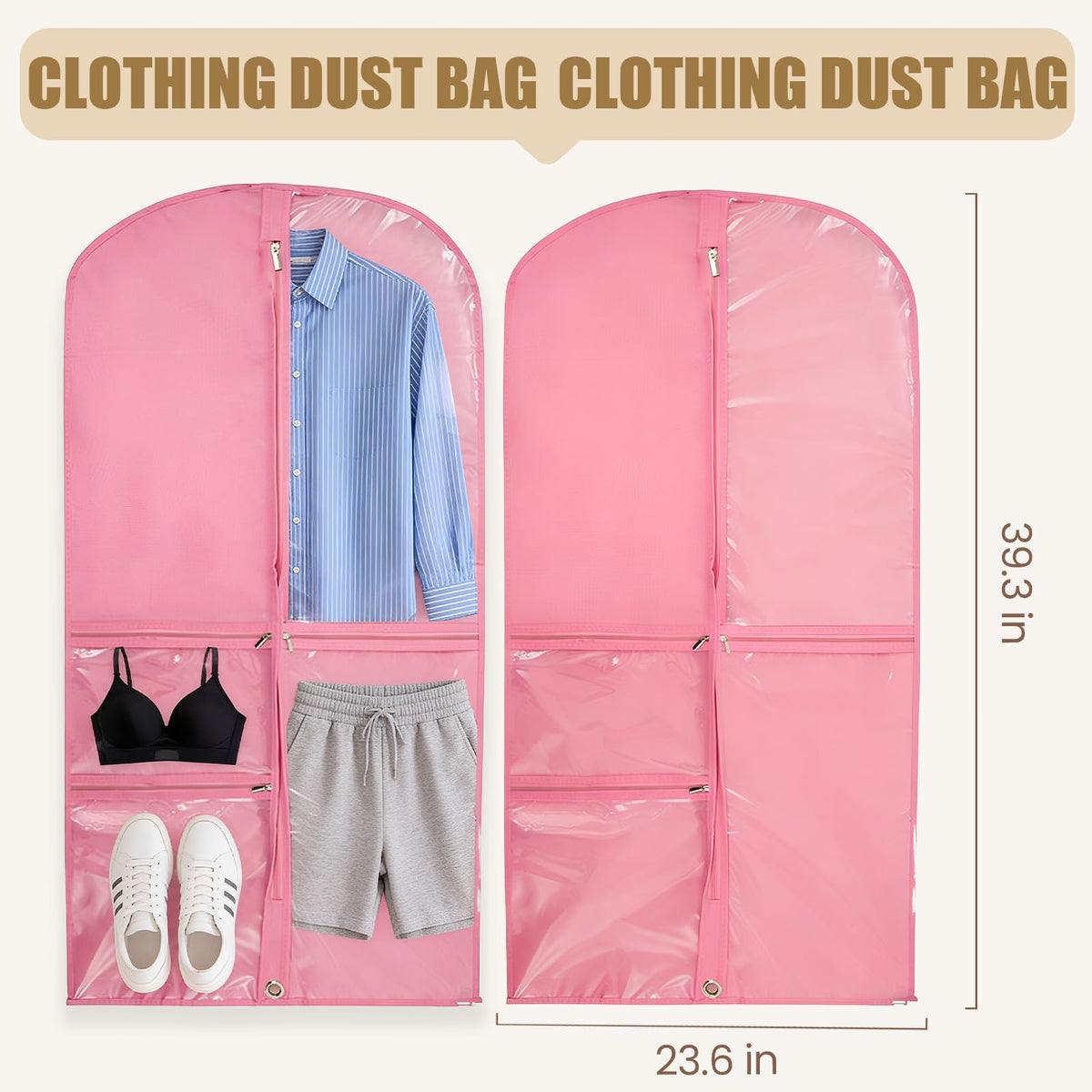 2 Pack Dance Costume Bags with 3 Transparent Zipper Pockets, Featuring 40x20 Inch Size Lightweight Material