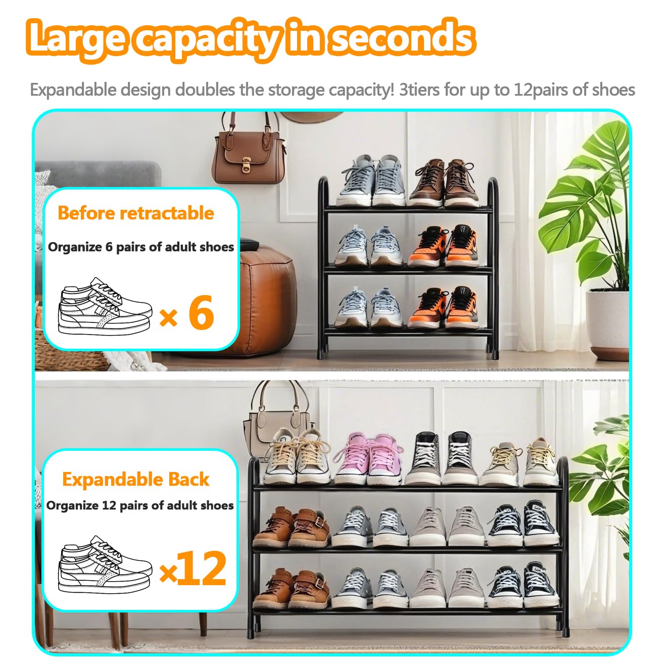 Expandable Shoe Rack, 3 Tier Adjustable Shoe Organizer Shelf for Closet,Slim Narrow Black Metal Free Standing Shoe Rack Storage for Small Space