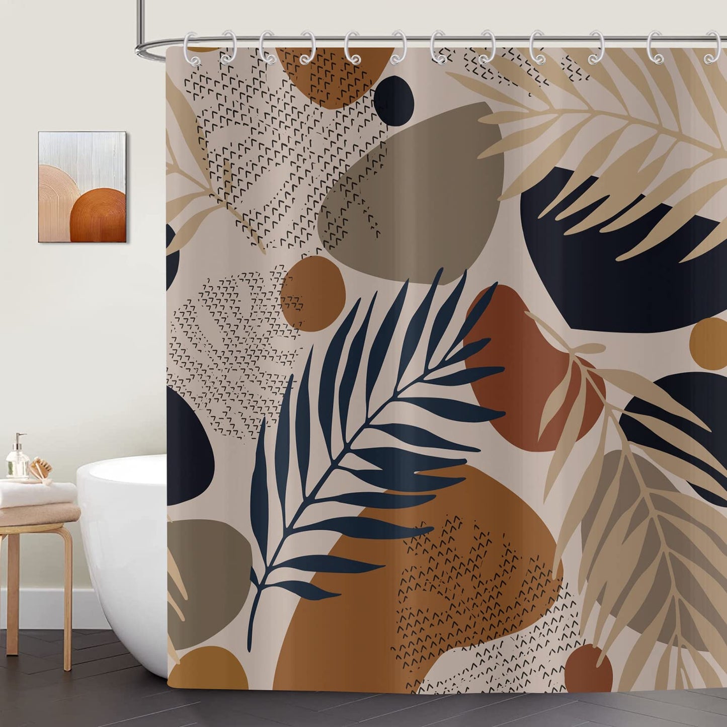 ASDCXZ Shower Curtain Boho 180x200 cm Brown, Modern Abstract Art Boho Style Palm Leaves Plants Washable Bath Shower Curtains Polyester Textile