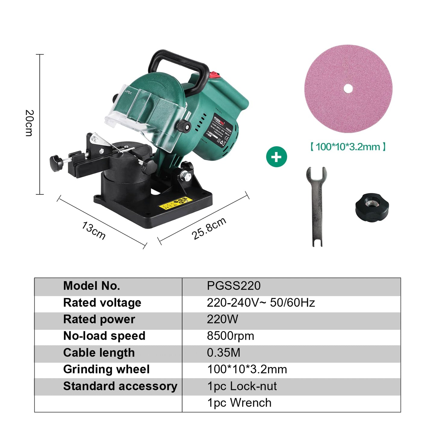 POSENPRO 220W Corded Electric Chainsaw Sharpener Grinder Work with a Grind Angle of 35? Left to Right, 100MM Grinding Wheel Included