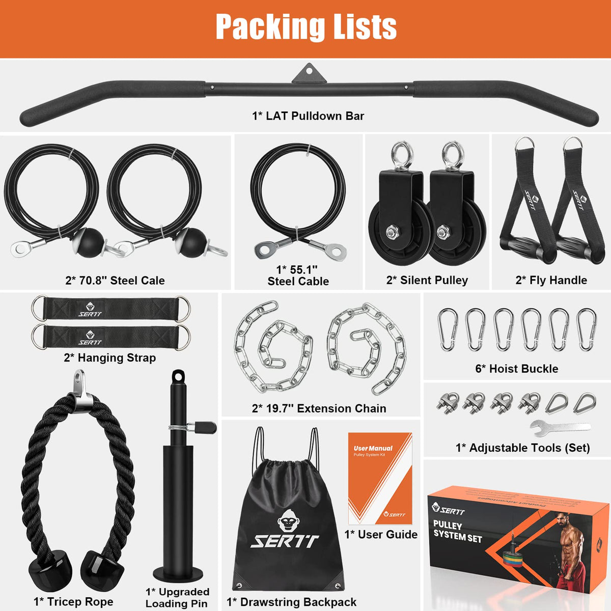 SERTT Weight Pulley System Gym, Pulley Pro Home Cable Pulley System gym for Lat Pull Down, Biceps Curl, Triceps, Shoulders, Back, Forearm Workout, DIY