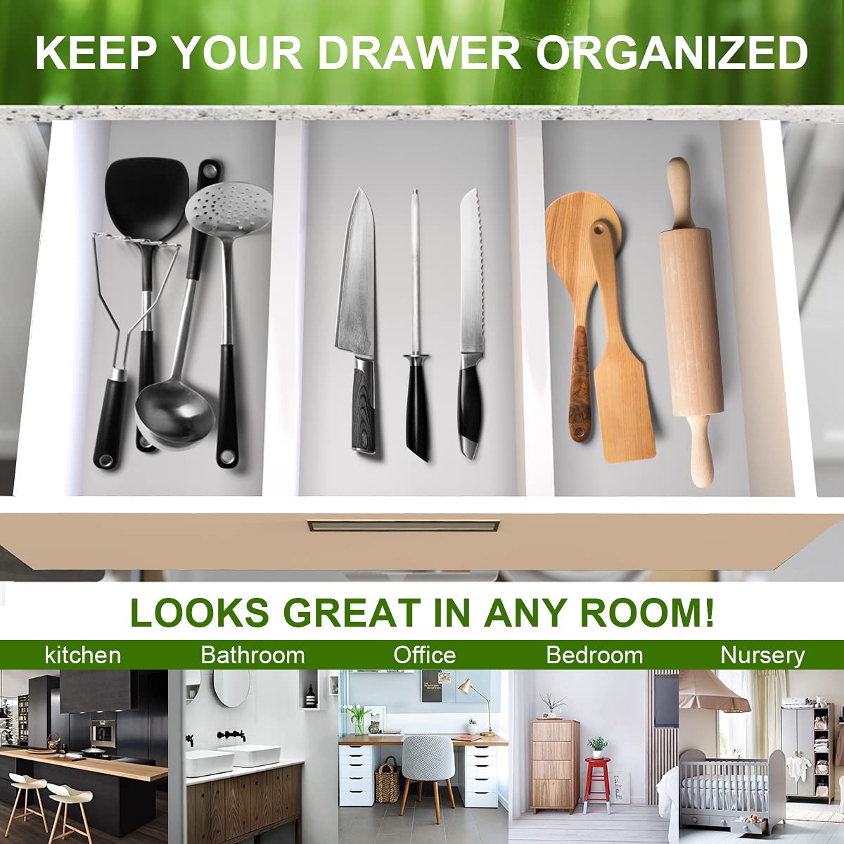 ANTOWIN Bamboo Drawer Dividers, Drawer Separators Splitter,17-22 inches Long Adjustable Spring-loaded Organizer for Large Utensil, Clothes