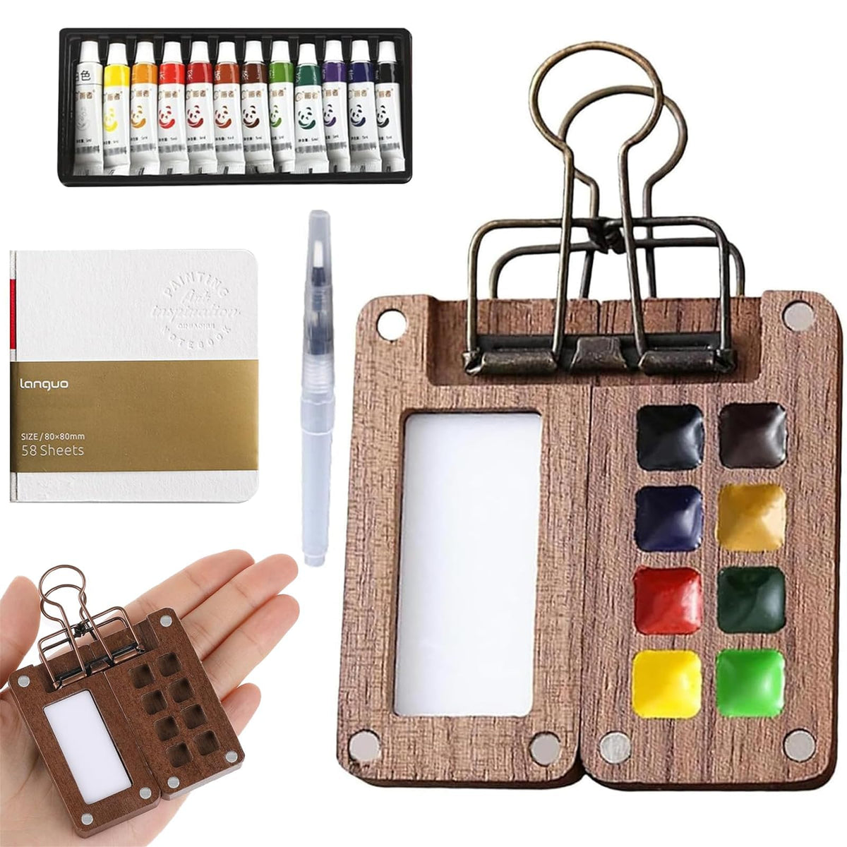 Pocket Artist Watercolor Travel Set, Mini Art Set, 8-Grid Wooden Travel Drawing Board with Metal Clip, Fountain Pen, Convenient Drawing Book and 12