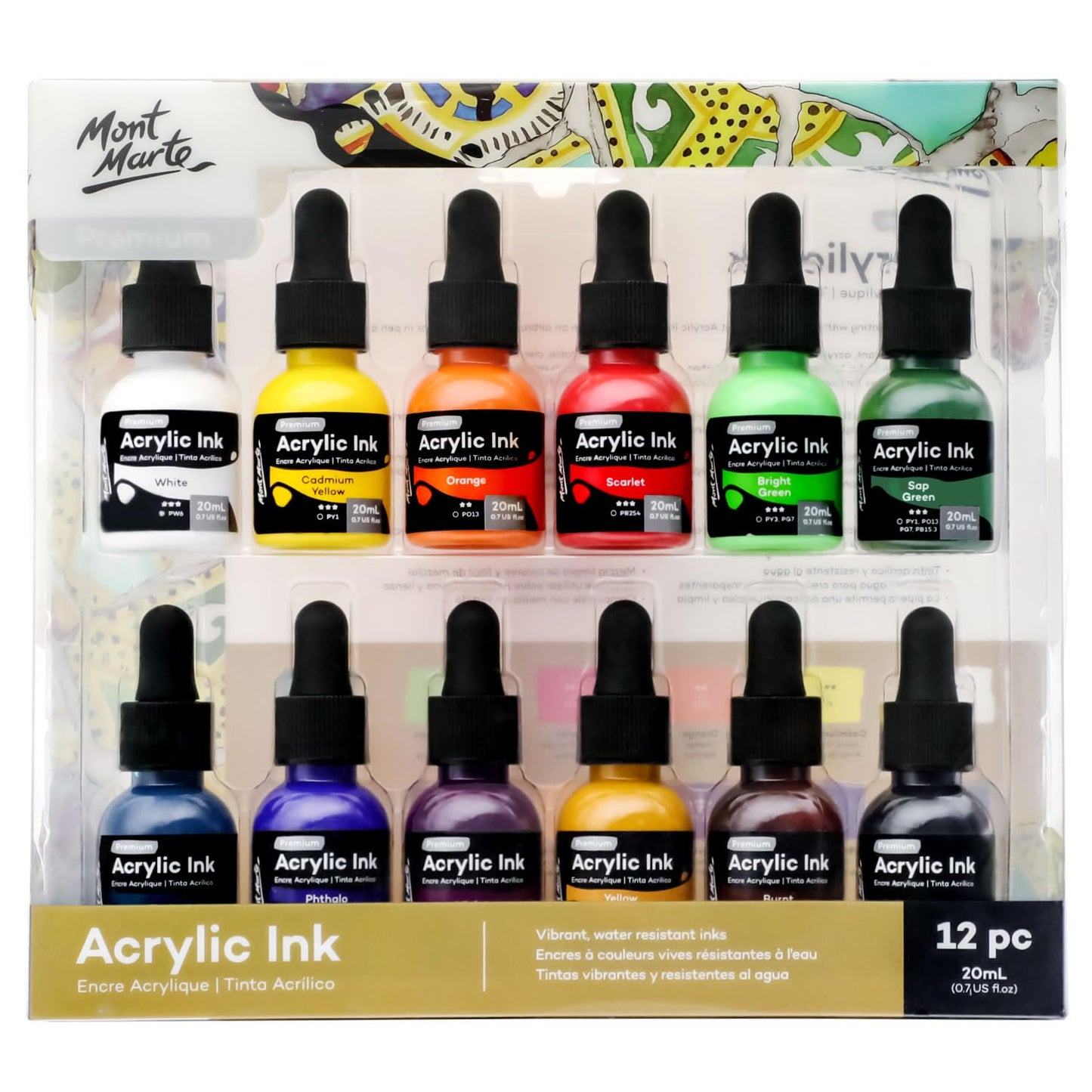 Mont Marte Acrylic Ink Premium 12pc x 20ml (0.7 US fl.oz), Acrylic Inks for Artists, Essential Colours, Ideal for Air Brush, Pouring Art,