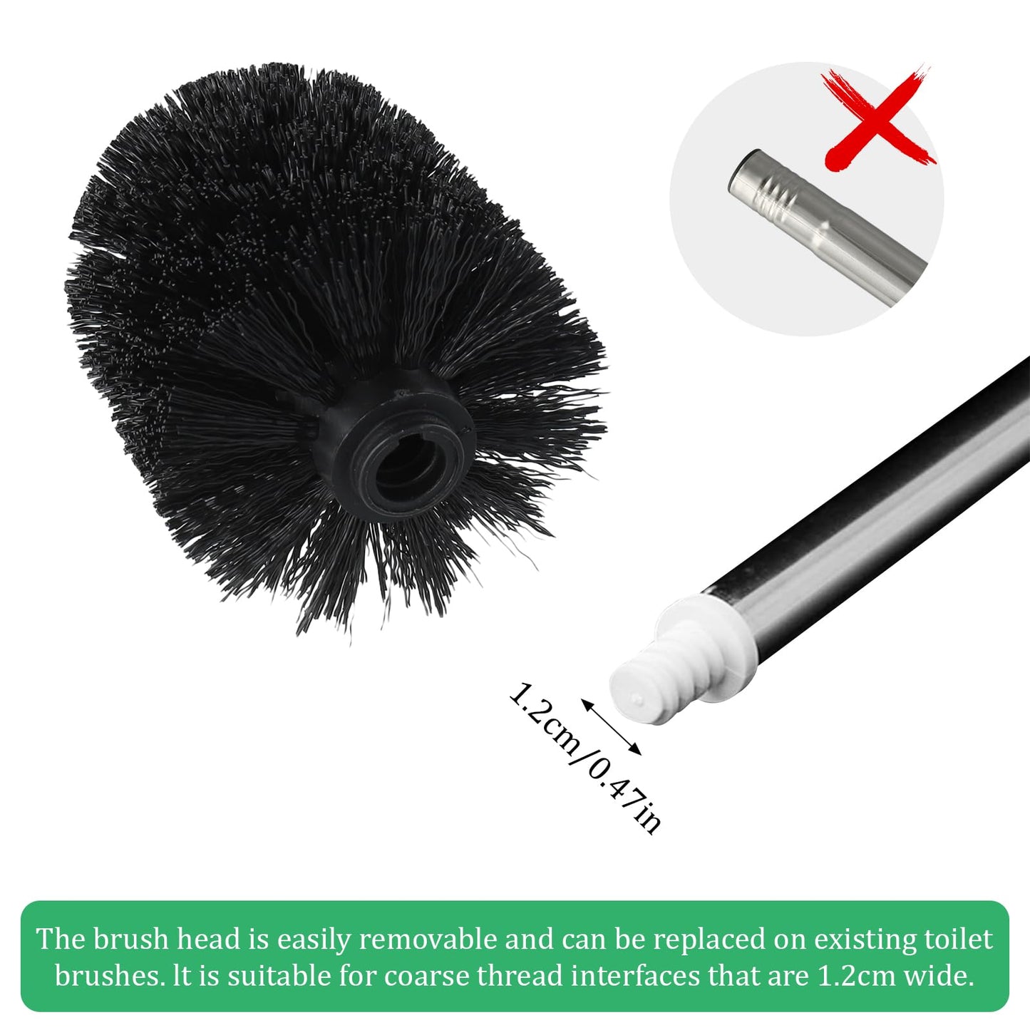 4pcs Toilet Brush Replacement Heads – Black Antibacterial, Durable PP Plastic, 12mm Screw-On Design for Easy Installation