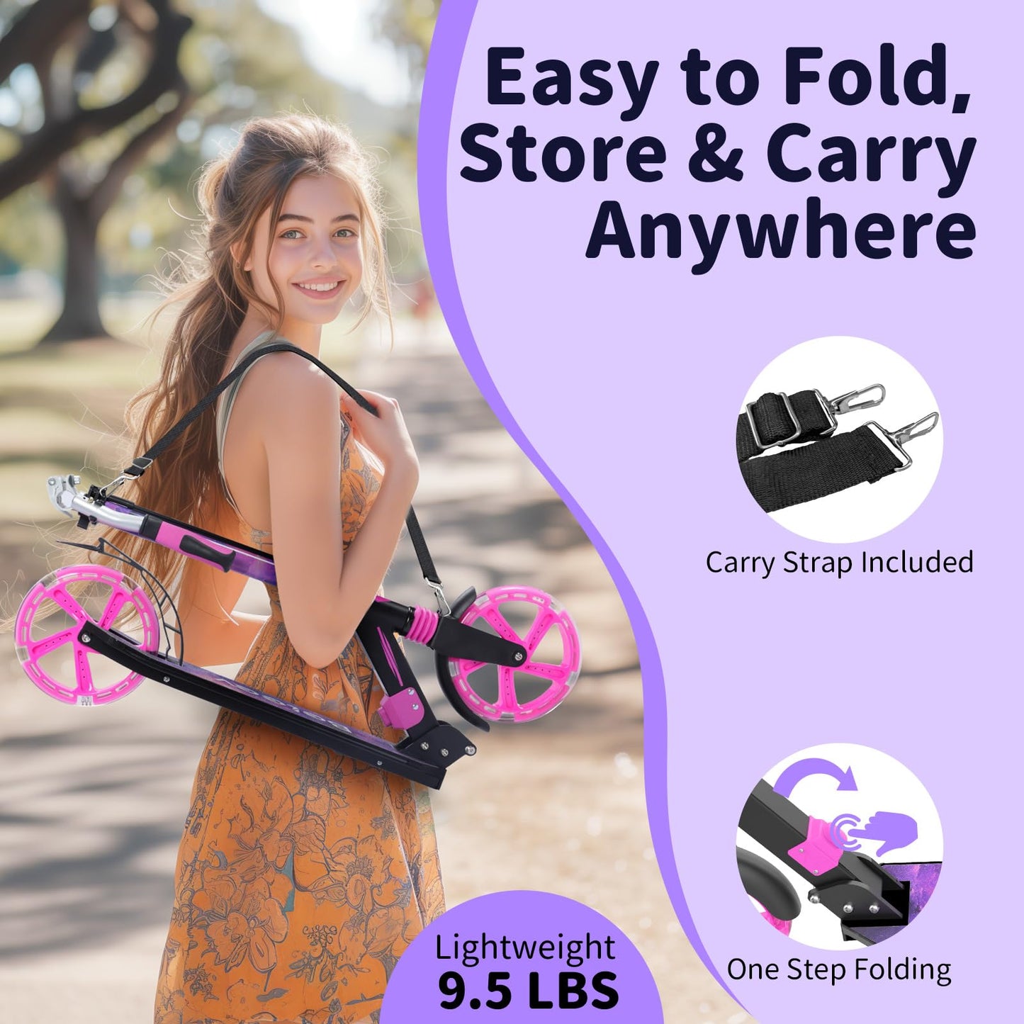 BELEEV V8 Scooters for Kids Ages 6+ with Light-Up Wheel & Stem & Deck, 2 Wheel Folding Scooter for Adults Teens, 4 Adjustable Height, Lightweight