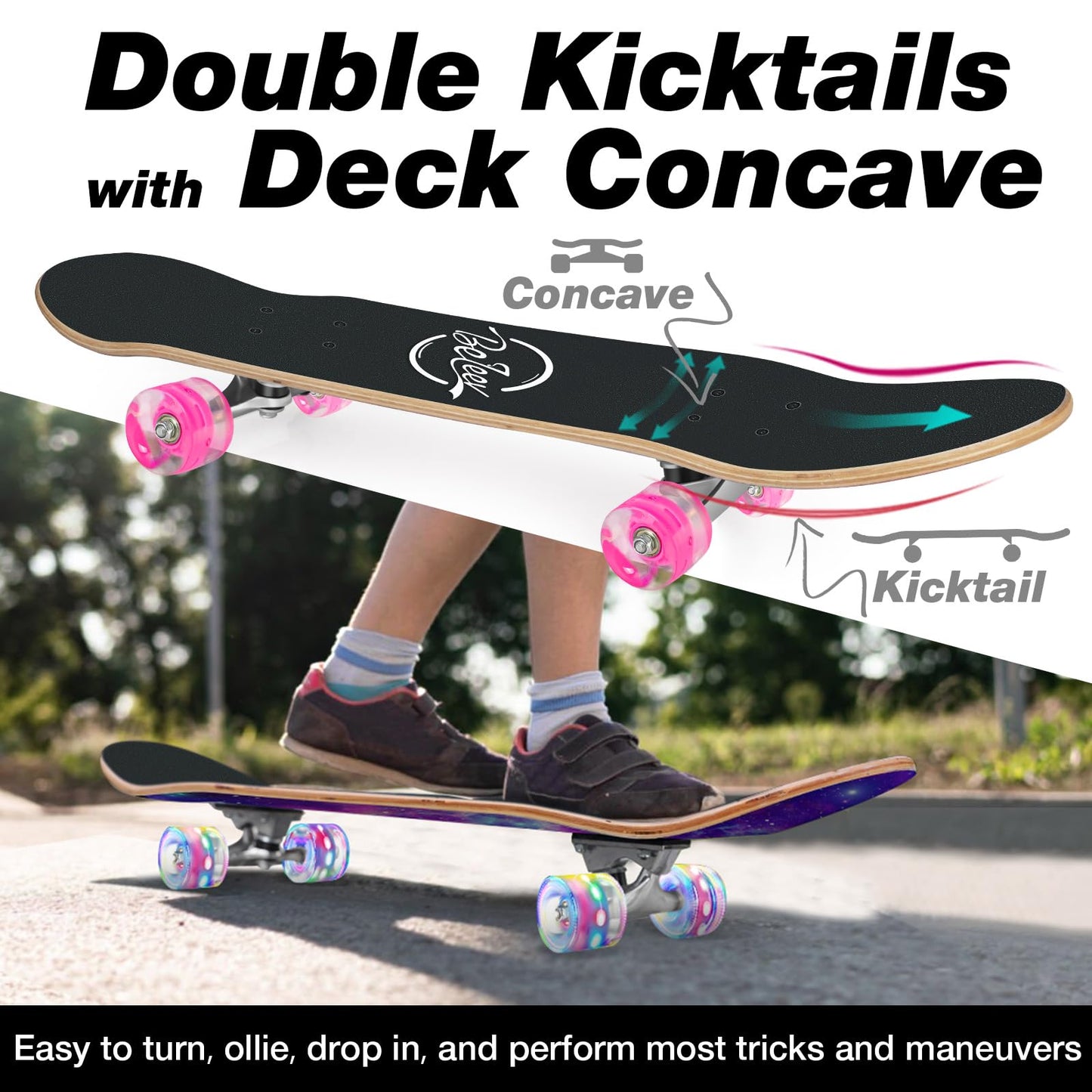 BELEEV Skateboards, 31 x 8 inch Complete Skateboard for Beginners, 7 Layer Canadian Maple Double Kick Deck Concave Cruiser Trick Skateboard for Kids