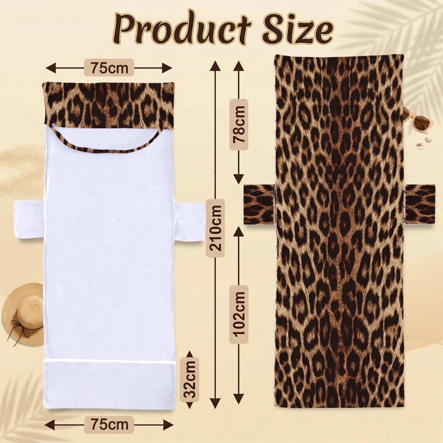 Surwin Sun Lounger Towel with Pockets, Leopard Print Beach Towel Chair Cover Sunbed Towels Lounger Bag for Summer Holiday Outdoor Garden Pool