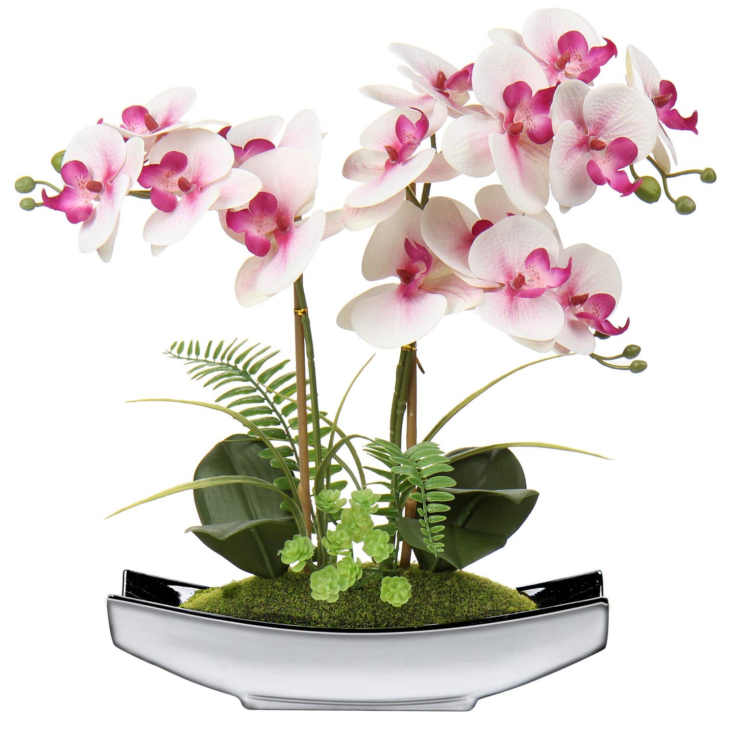 Briful 15" Artificial Phalaenopsis Flowers Arrangement Artificial Orchid Bonsai in Silver Pot Fake Flowers Silk Orchid Flower for Table Centerpieces