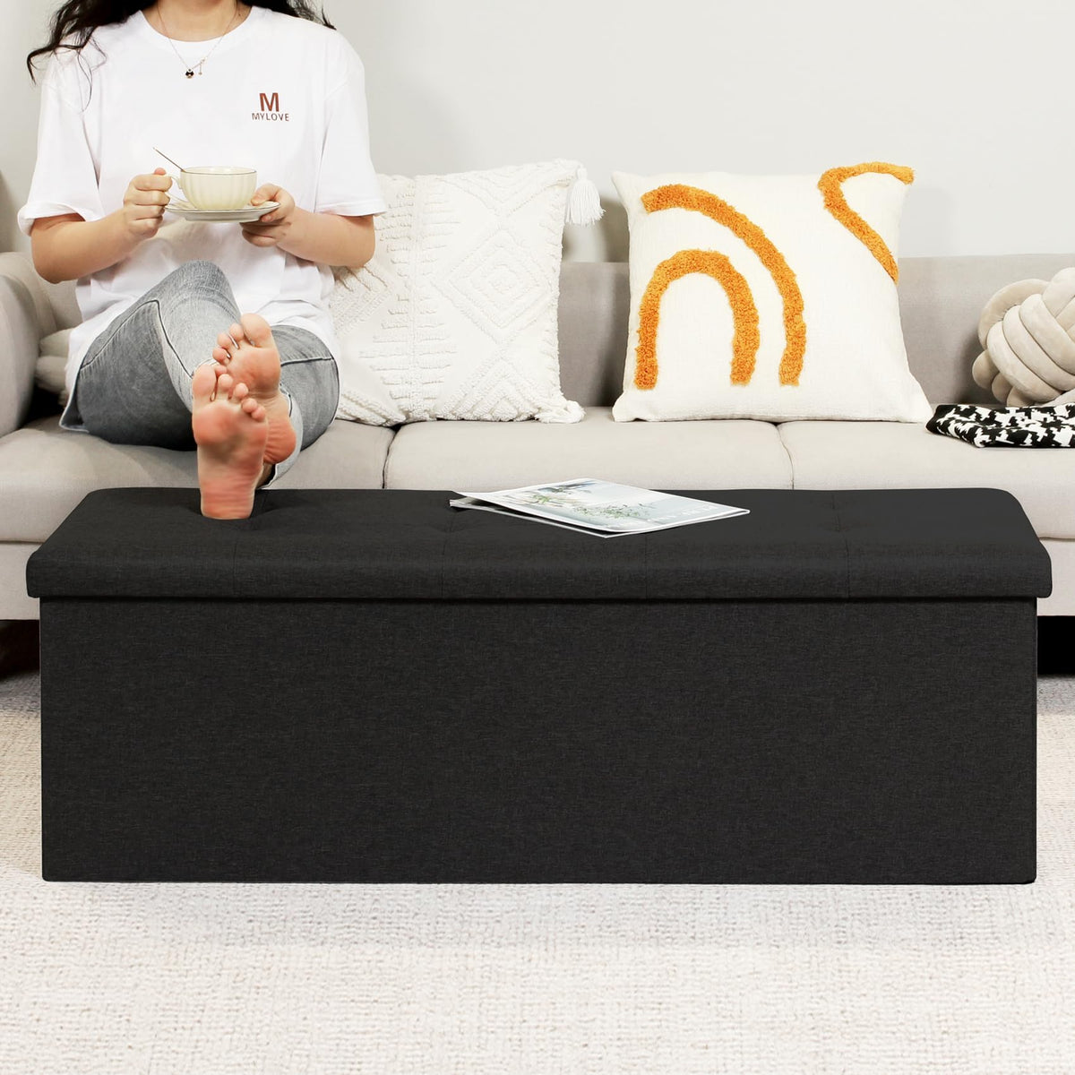 Bonlife 110cm Extra Large Ottoman Storage Box with Lid,Black Folding Toy Chest Boxes Bedroom End of Bed Storage Bench Footstools for Living Room