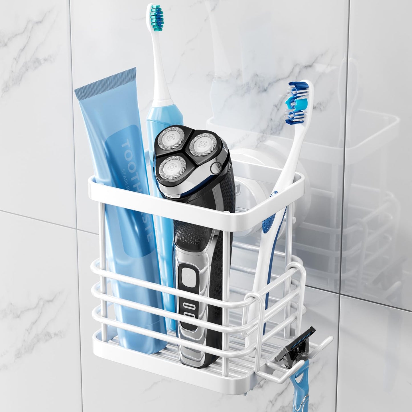 TAILI Suction Toothbrush Holder Wall Mounted, MAX Hold 5 KG, White Toothbrush Holder for Bathroom, Shower Razor Organizer With Hooks, No Drilling,