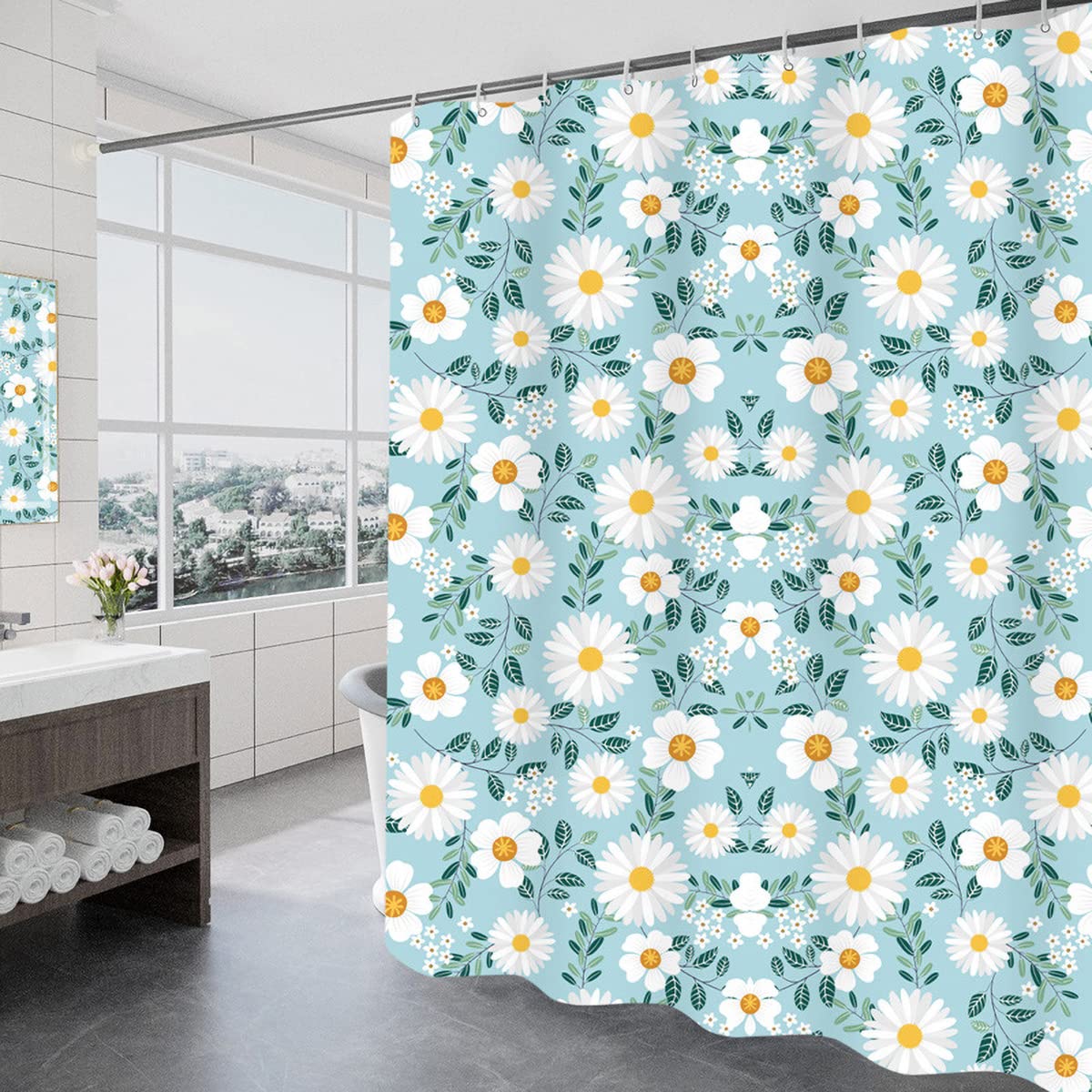 GONOVE Shower Curtain 240 x 200cm Mildew Resistant Waterproof Thicken Polyester Fabric Flowers Bathroom Shower Curtain Liner Long Washable Bath