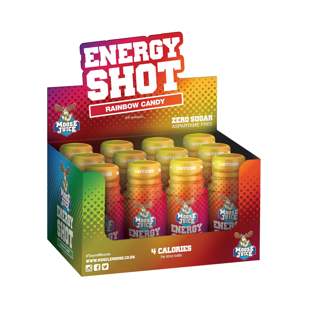 Muscle Moose ? Moose Juice Energy Shots | Caffeine Drink, BCAA & B Vitamins, Zero Sugar, Aspartame-free, Rainbow Candy, 60ml (12 Shots)