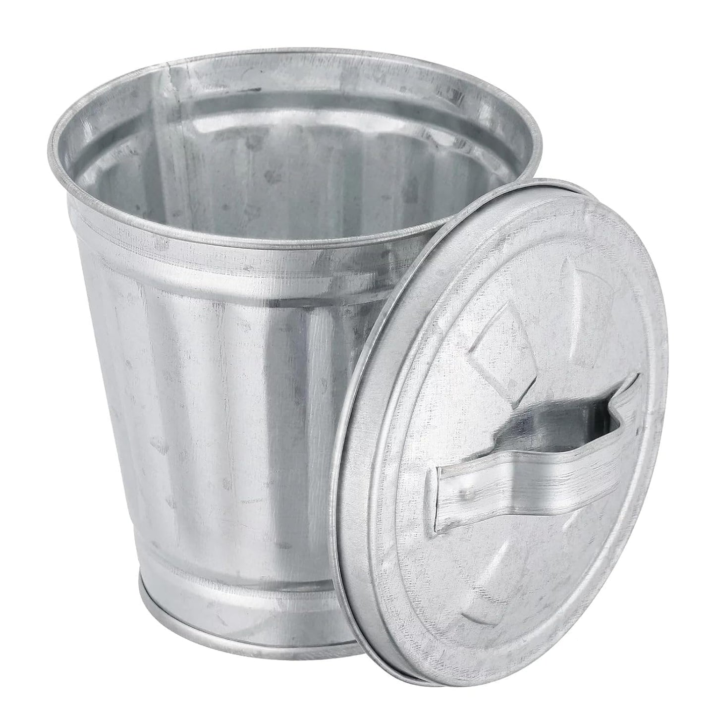Dwang Silver Mini Galvanized Trash Can with Lid Mini Wastebasket Trash Can Small Metal Buckets Minis Tabletop Trash Metal Rubbish Bin Flower Pot Pen