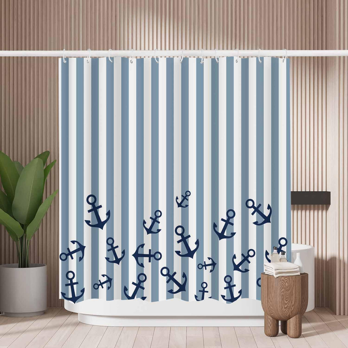 Woutay Shower Curtain Water Repellant Fabric Blue Anchors and Stripes,Mould Proof Resistant,Polyester,Size 180x180CM