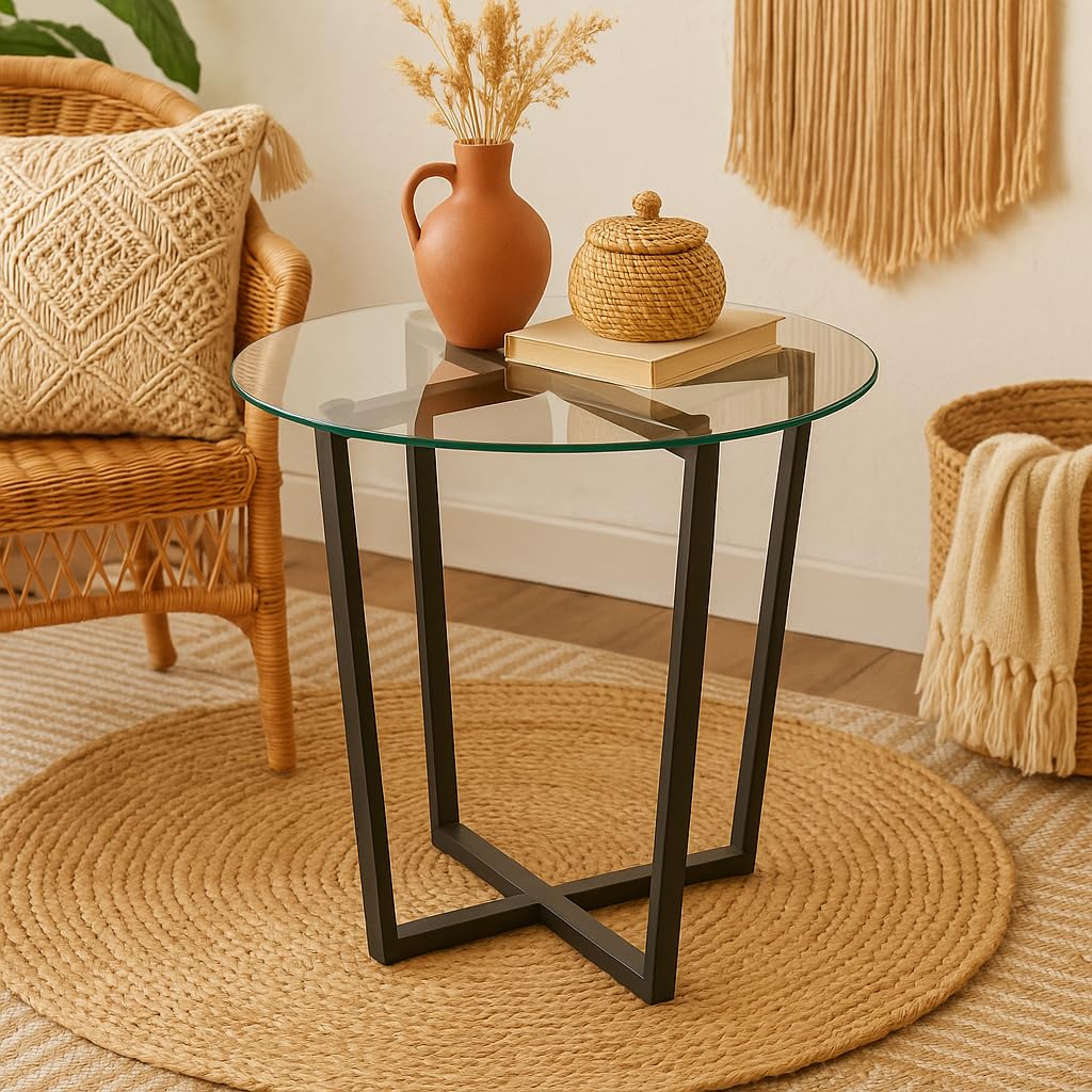 Mango Steam Round Metro Glass End Table/Side Table/for Living Room & Dining Room - Clear Top/Black Base