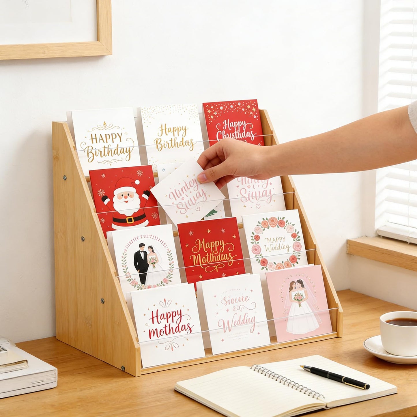 4 Tier Greeting Card Display Stand - Bamboo Acrylic Organiser Rack, Multi-Purpose Holder,Clear Acrylic Display Rack, Desktop Organiser for Postcards