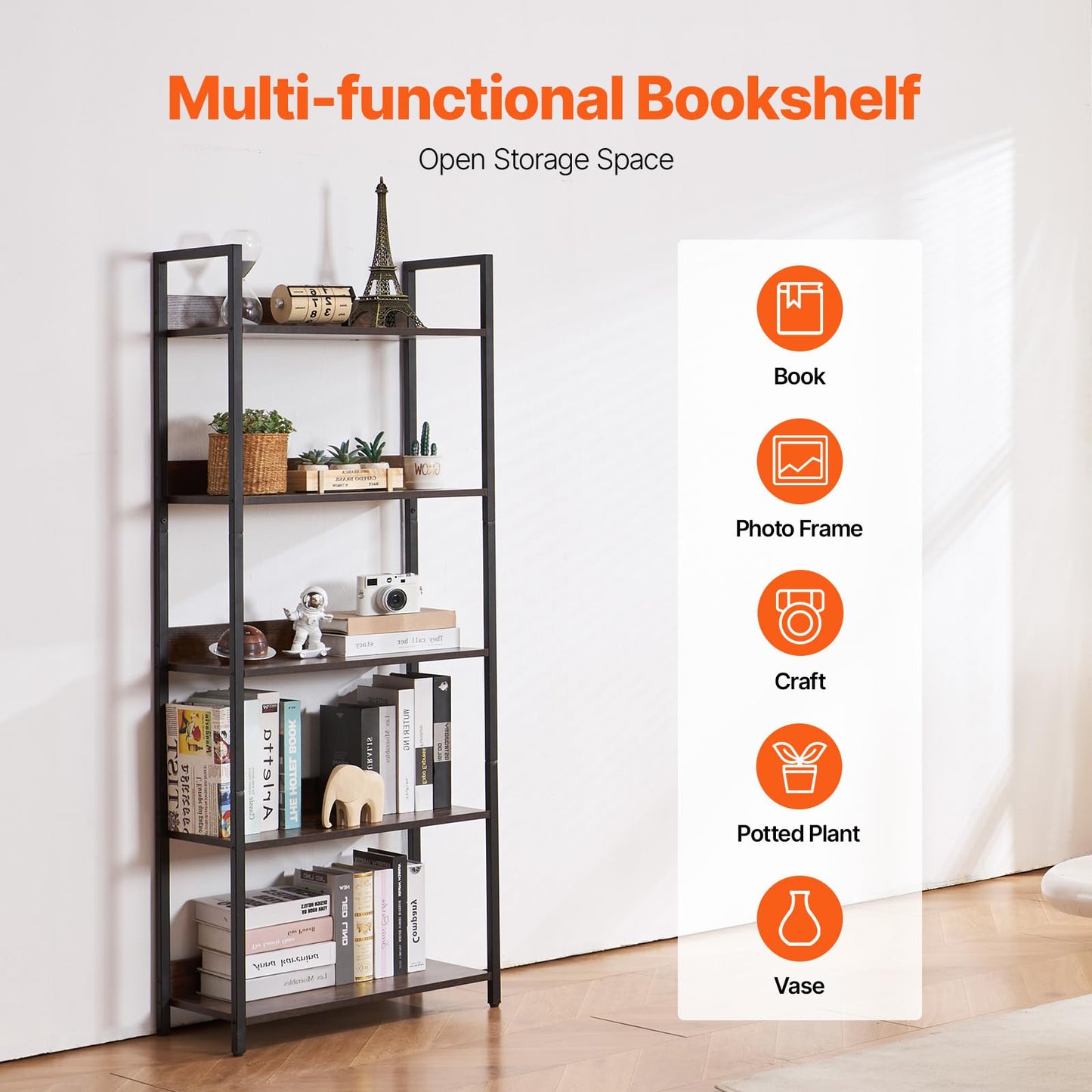 VEVOR Metal Bookshelf, 5-Tier Tall Industrial Bookshelf, Rustic Display Vintage Storage Bookcase with Open Shelves