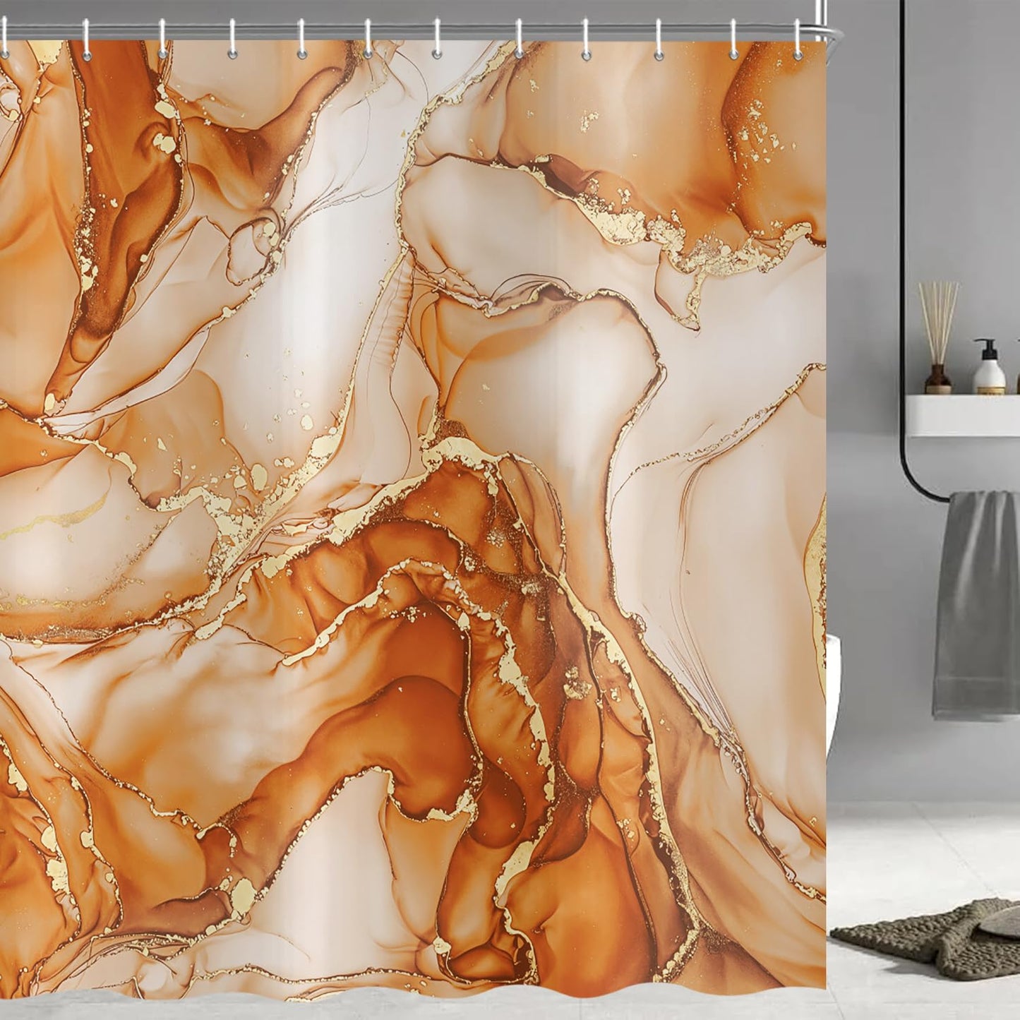 ASDCXZ Orange Marble Shower Curtain 180x200 cm, Modern Abstract Art Orange Gold Marble Optics Texture Waterproof Bath Curtain Polyester Textile