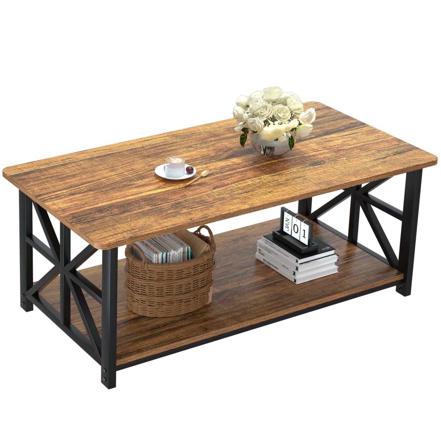 GreenForest 2-Tier Coffee Table, 100cm Round Corner for Small Space, Walnut