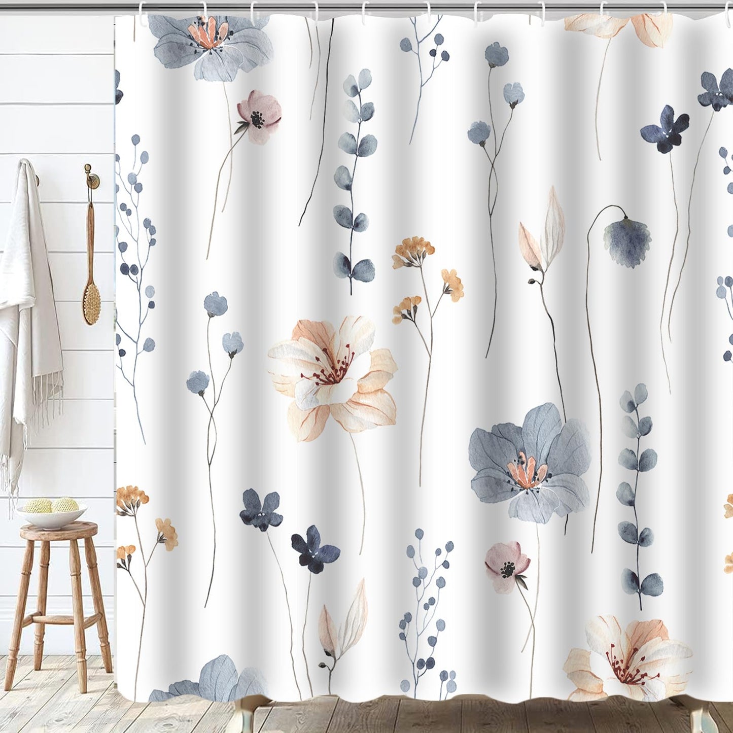 Jemsia Shower Curtain for Bathroom,Leaf Print Waterproof Anti Mould Bath Curtain with Weighted Hem,12 Hooks Floral Washable Polyester Shower Curtains