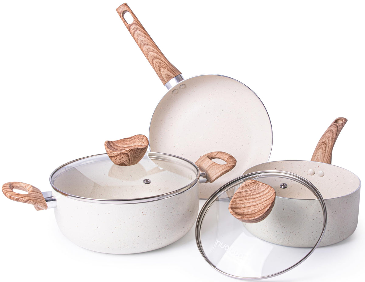 Non Stick Pots and Pans Set  Induction Hob Pots Set  5pcs Kitchen Cookware with Lids  Cooking Cream Granite Saucepan Pots and Frying Pans  by