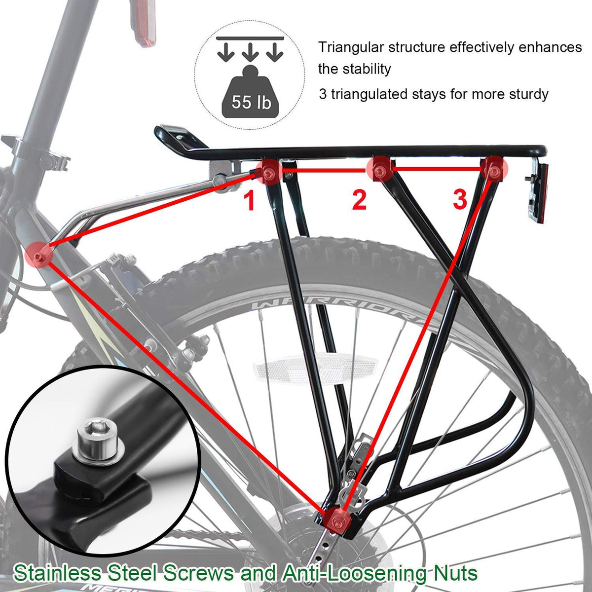 Bike Cargo Rack Bungee Cargo Net & Reflective Logo Universal Adjustable Bicycle Rear Luggage Touring Carrier Racks 25kg Capacity Mountain Road Bike