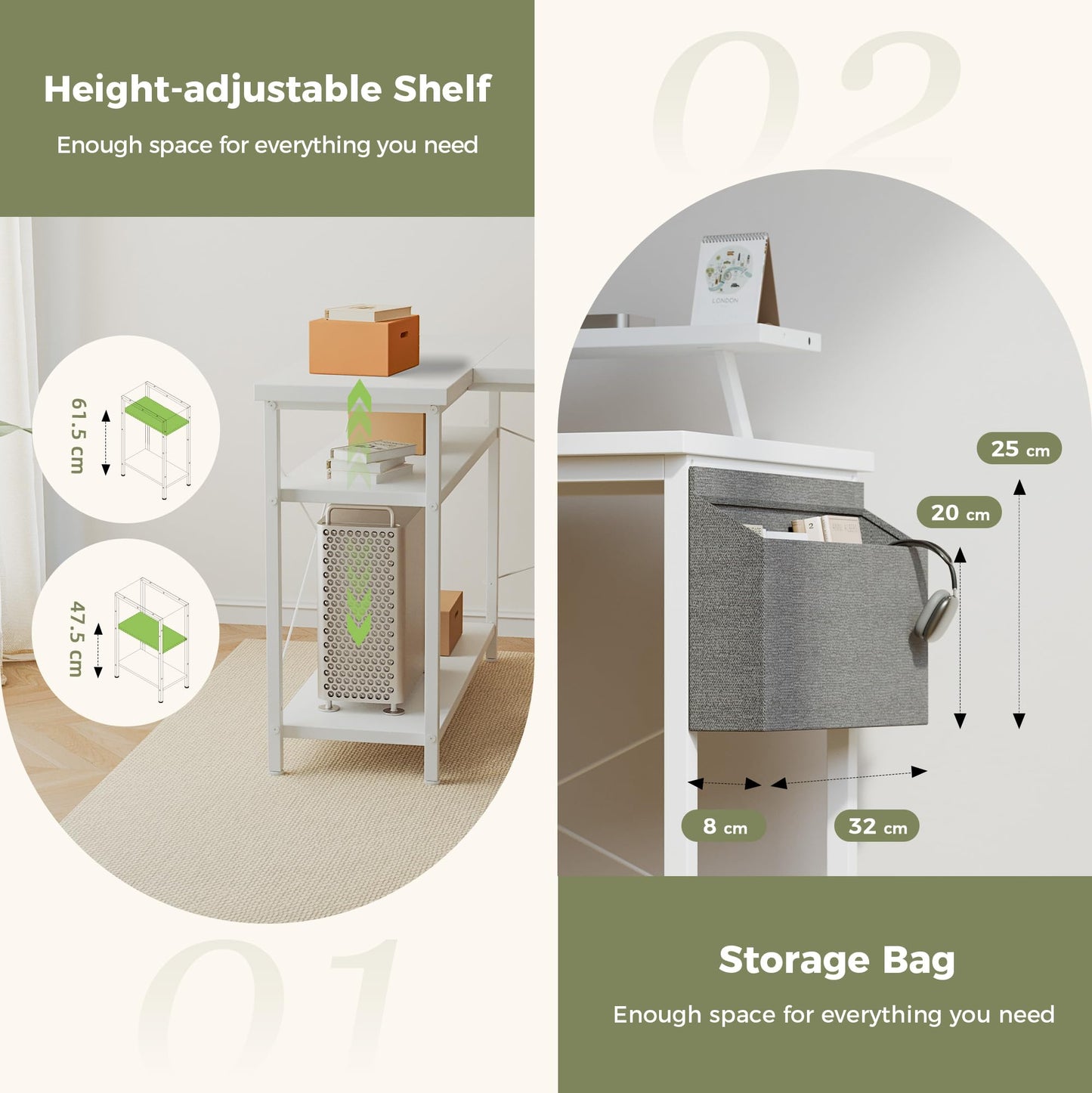 Mericonia Corner Desk, w. Monitorstand & Built-in Socket, 140x70cm, White
