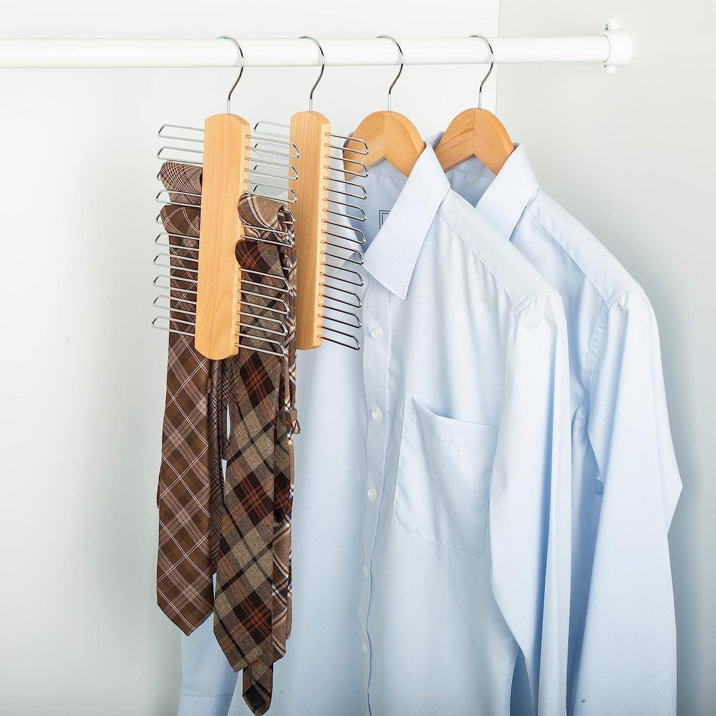 2 Pack Tie Holder Wooden Necktie And Belt Hanger 360 Degree Rotating Tie Holder Hanging Storage Rack with 20 Shelves for Belts, Scarves, Tie Storage