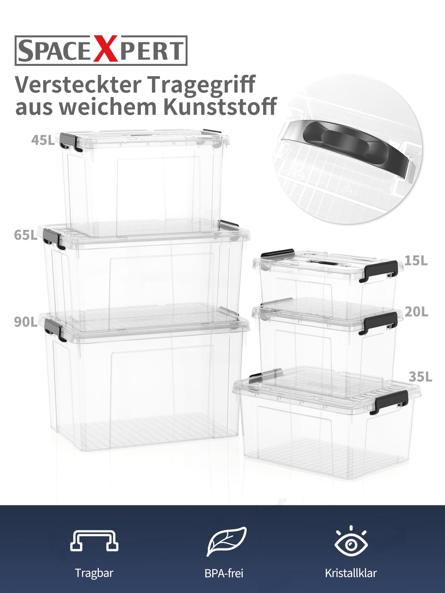 SpaceXpert Storage Boxes with Lid 35L, Plastic Storage Box with Handle, Stackable Container for Home Office Garage Accessories, Hand-Carryable Bin