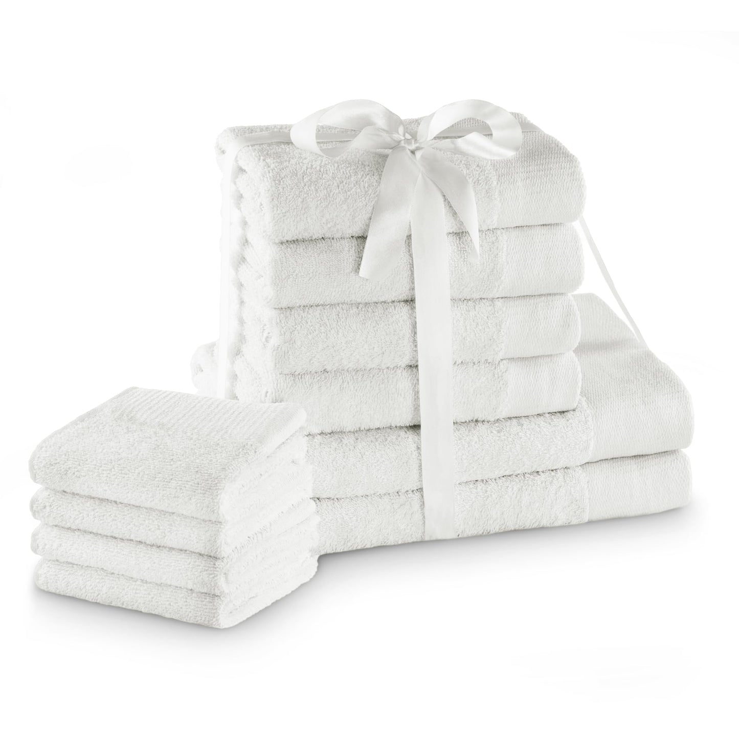 AmeliaHome Set 10pcs 4 Guest Towels 30x50 cm, 4 Towels 50x100 cm and 2 Bath Towels 70x140 cm 100% Cotton Absorbent White Amari