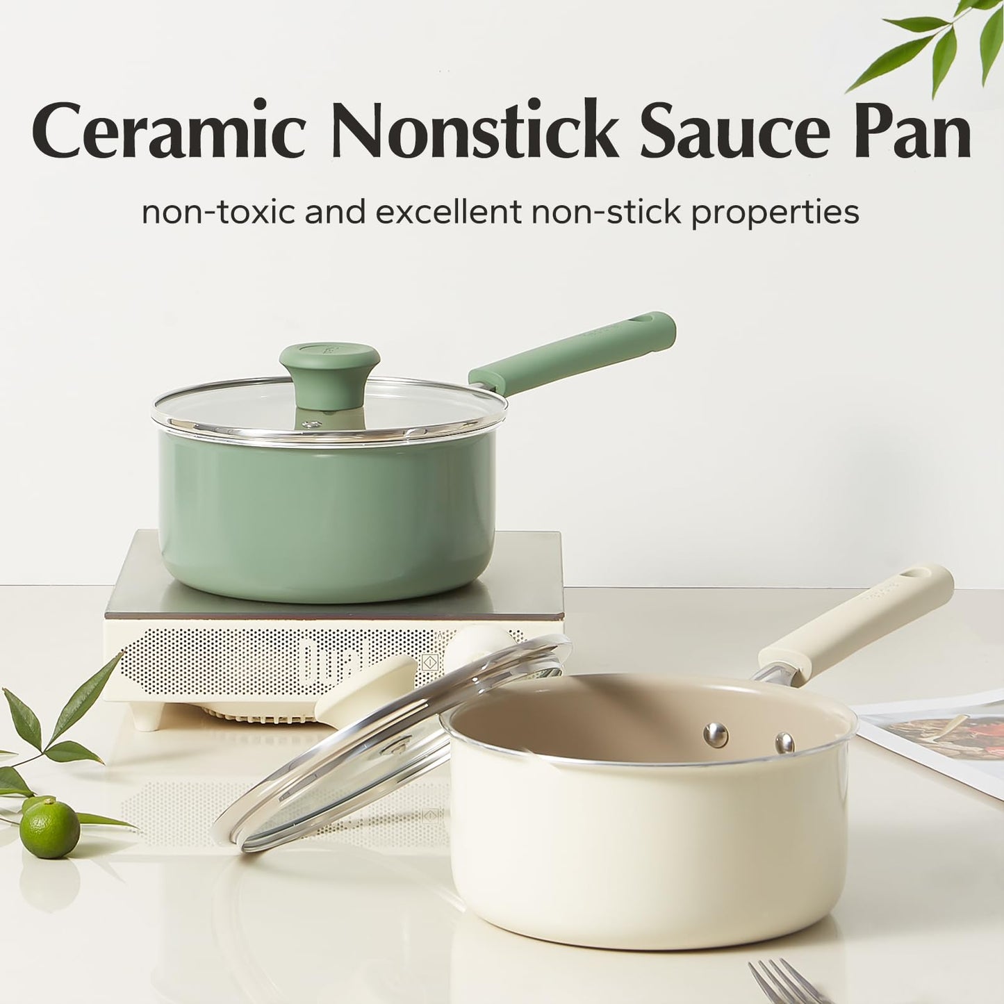 Redchef Ceramic Nonstick Saucepan with Lid,18cm Small Cooking Pot, Non Toxic Sauce Pans for Kitchen, Cool Handle PFAS Free Compatible with All