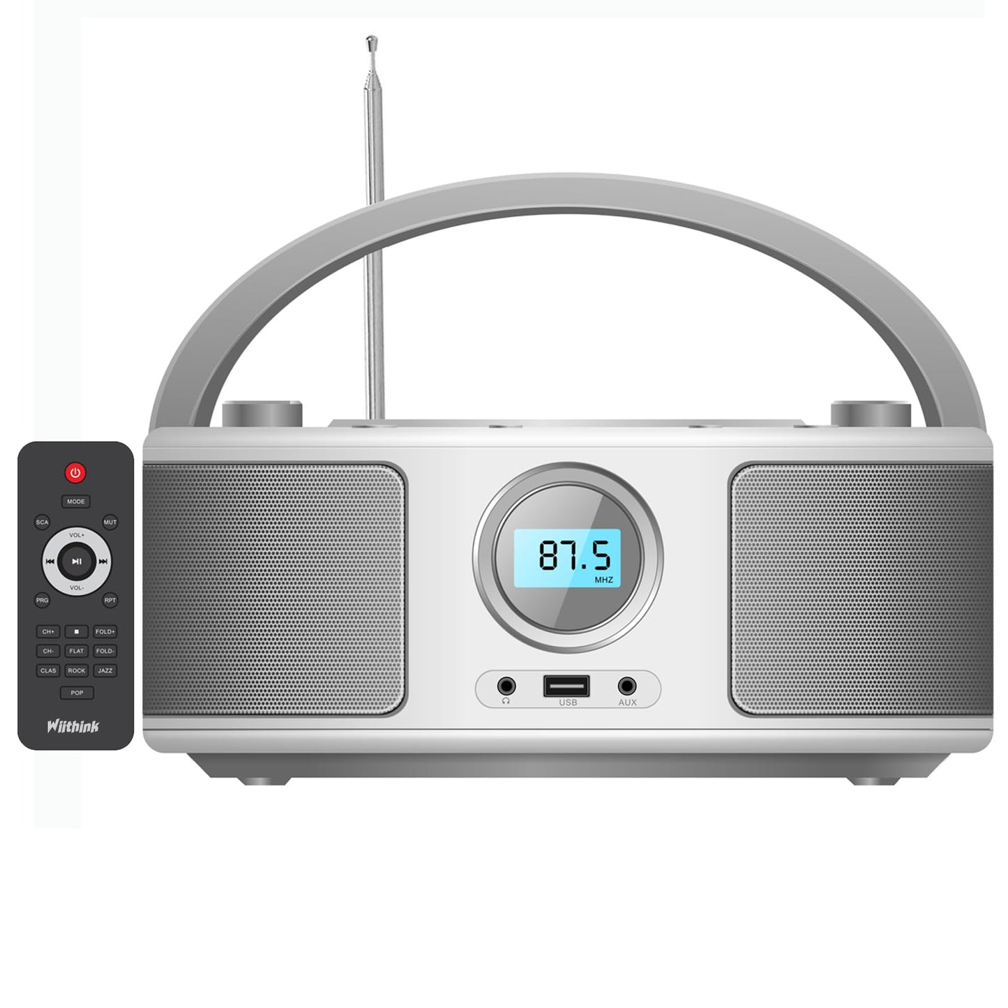 WIITHINK Portable CD Player Boombox with FM Radio - Bluetooth, Remote Control, USB, Headphone Jack, AUX-in, Stereo Sound Speakers for Home, Office,