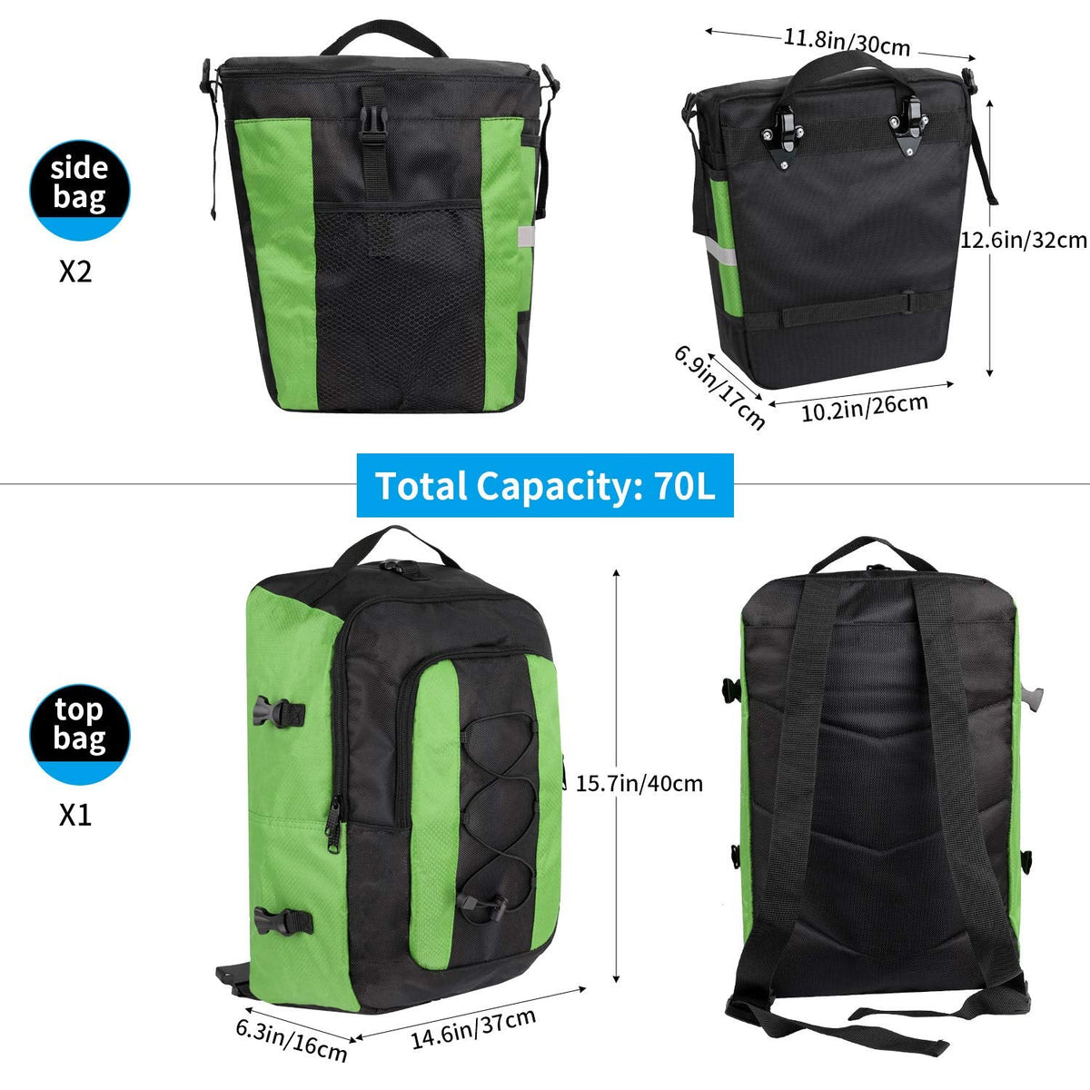 PELLOR 70L Waterproof 3 in 1 MTB Bike Rear Bicycle Pannier Bags Bike Rack Bag with Rain Cover (Green)