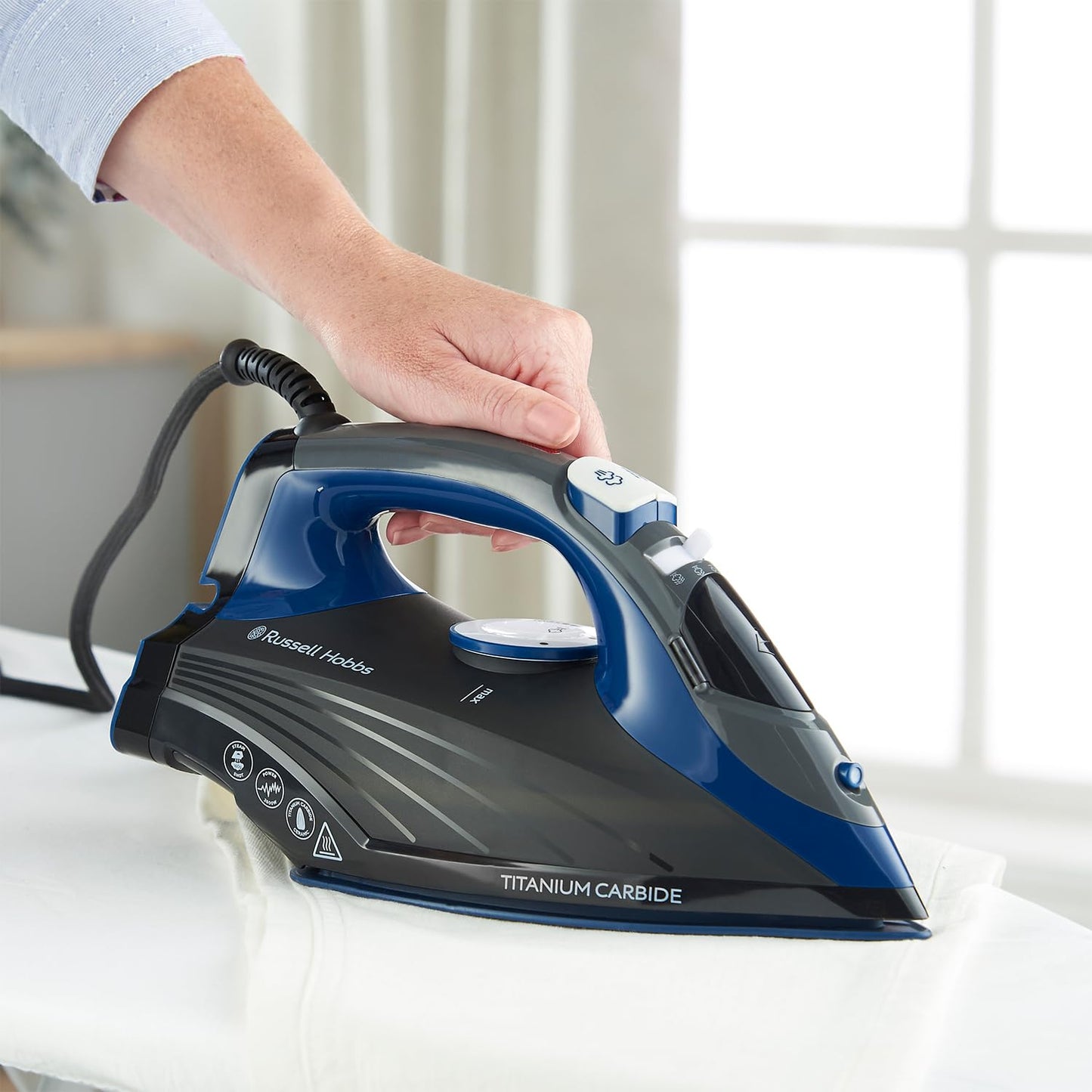 Russell Hobbs Iron [2600W, 160g steam shot, 55g/min continuous steam] Titanium Carbide (Titanium-infused ceramic soleplate, 330ml tank, self-cleaning,