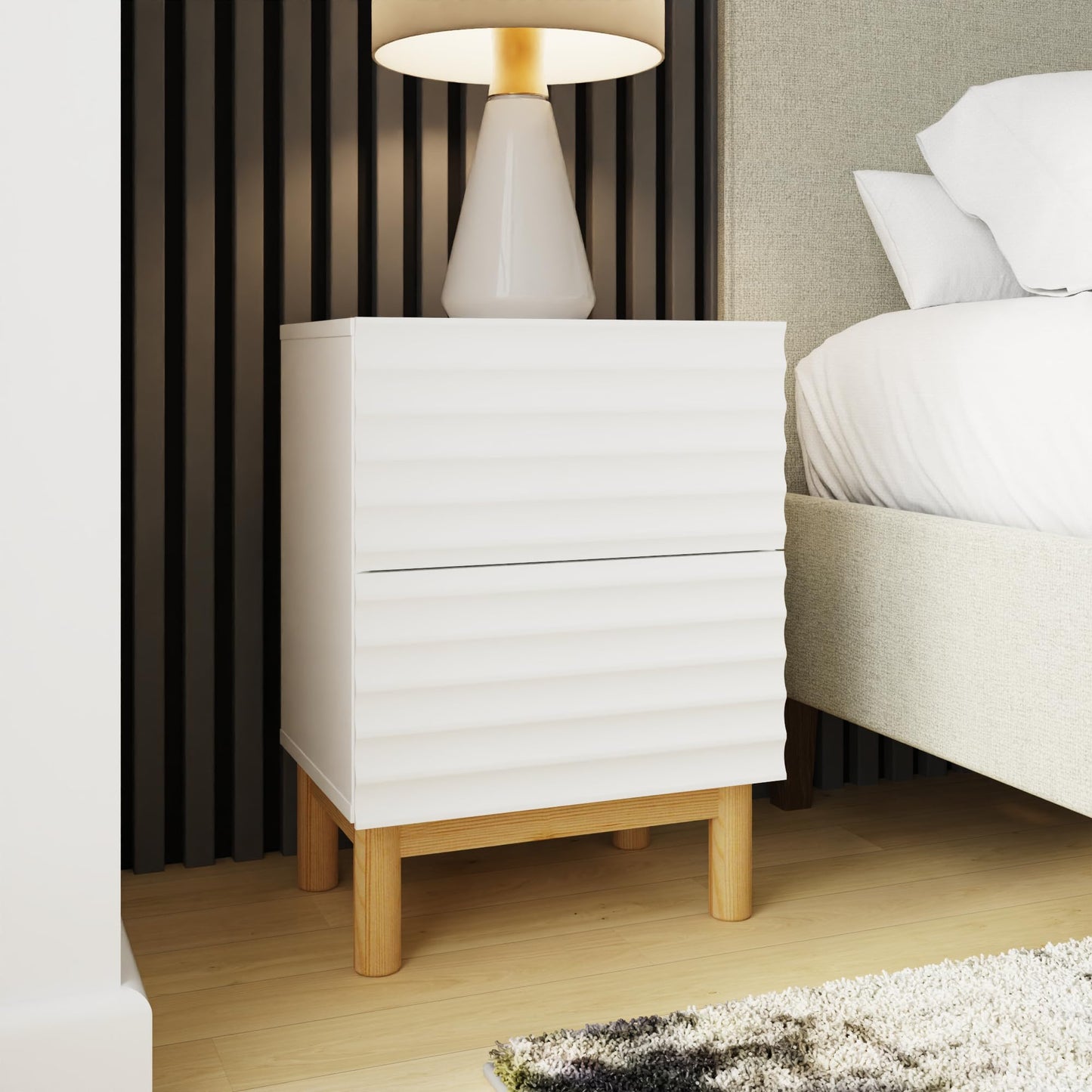 GFW Karla Bedside Table, White 2 Drawer Nightstand with Textured Front & Wooden Legs