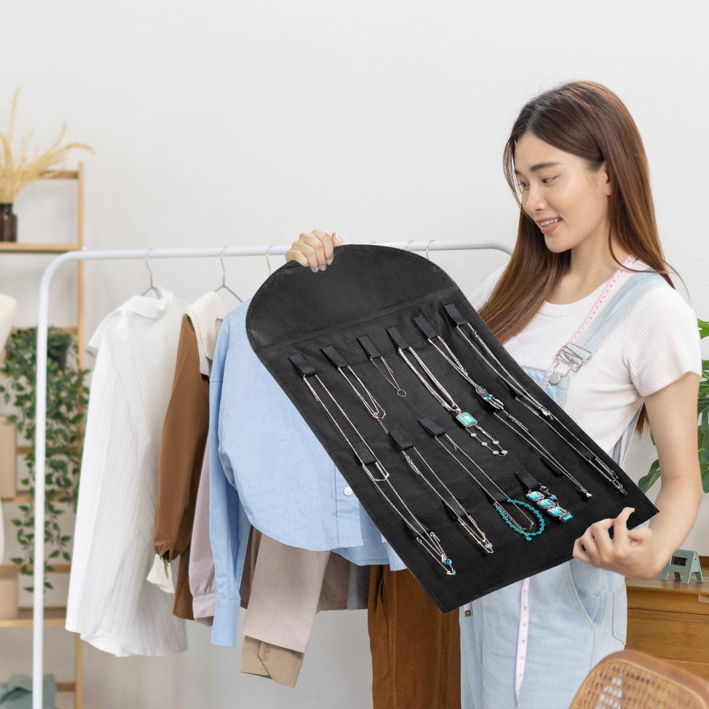 Flexzion Hanging Jewelry Organizer – (1 Pack) Black 32 Clear Pockets & 18 Hooks & Loops