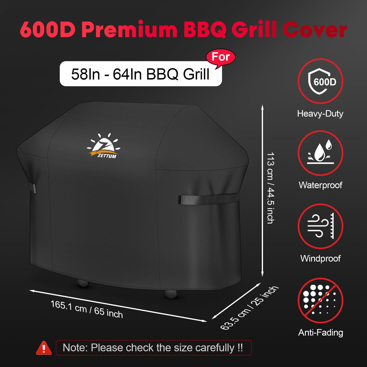 Zettum BBQ Cover 165 CM - 7131 Grill Barbecue Cover for Weber Genesis 400 Series 4 Burner Gas Grill Heavy Duty & Waterproof, PU Cover for Weber