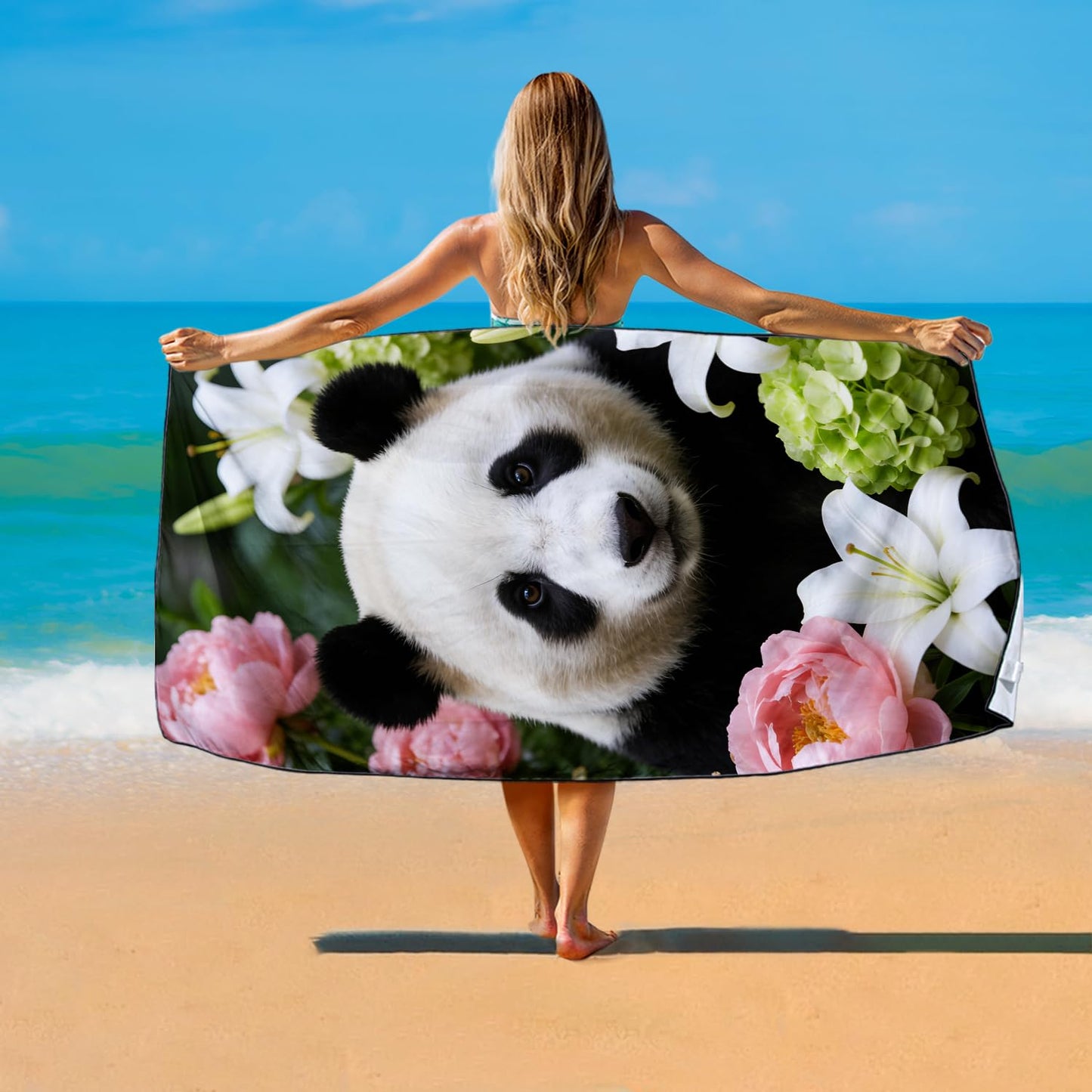 Violetpos Panda in Peonies & Lilies Beach Towel, Extra Large 180x90 cm 250GSM Microfibre, Sand Free Quick Dry