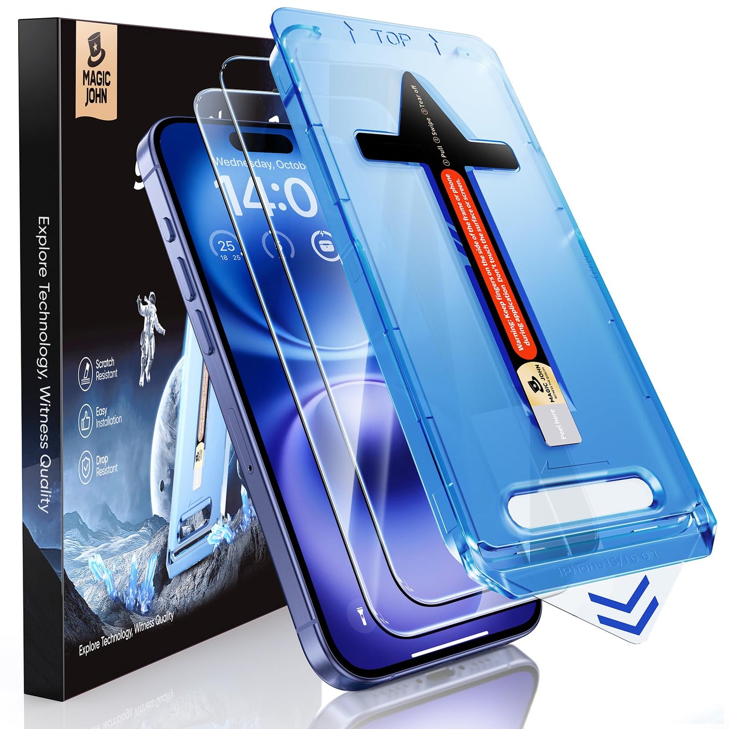MAGIC JOHN 2 Pack for iPhone 16 Tempered Glass Screen Protector 6.1 inch, Auto Dust-Elimination Installation, Bubble Free, Dynamic Island Compatible,