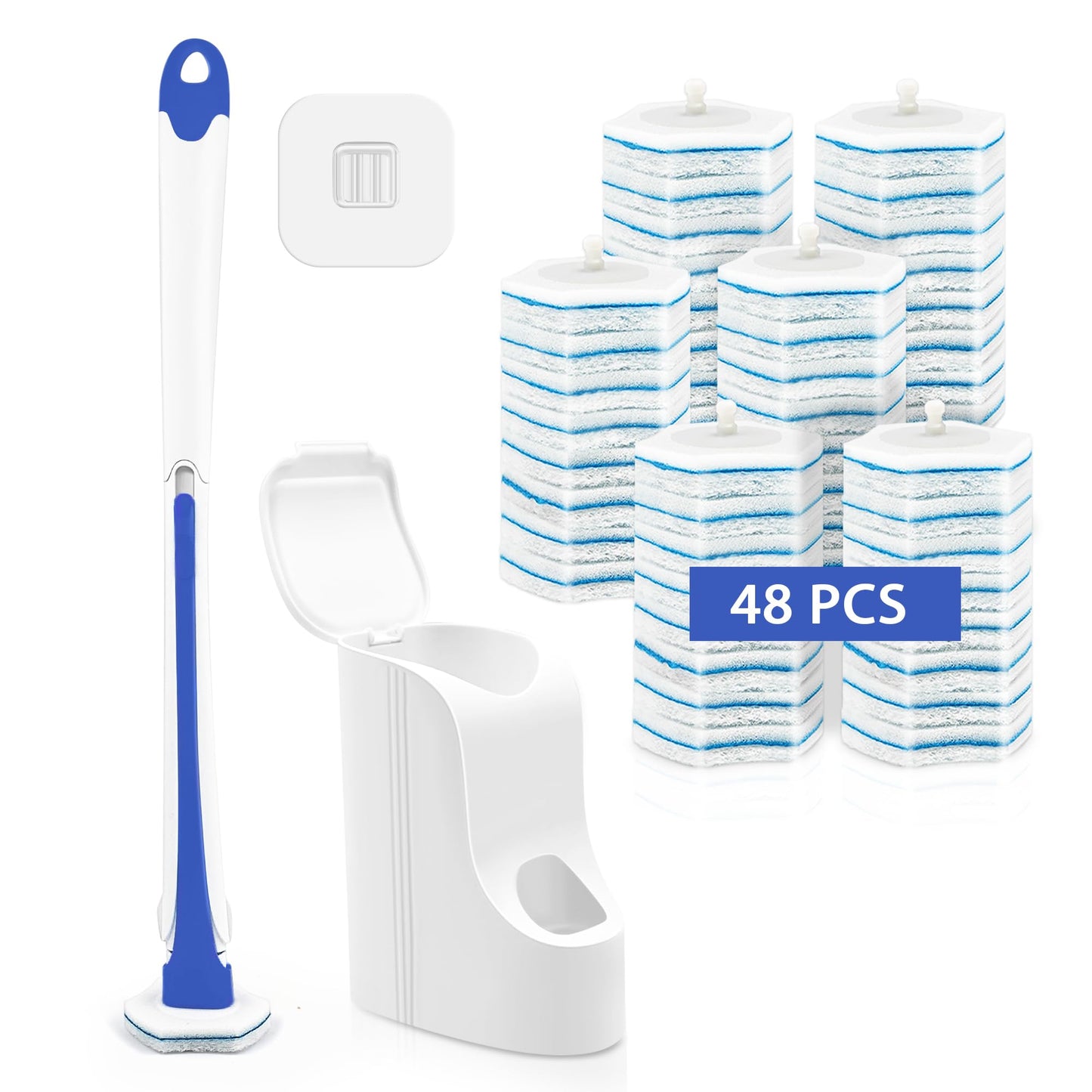 JEHONN Disposable Toilet Brush and Holder Set with 48 Cleaner Refills, Wall Mounted Bathroom Bowl Cleaning Wand System for Bathtub Sink Wash Basin