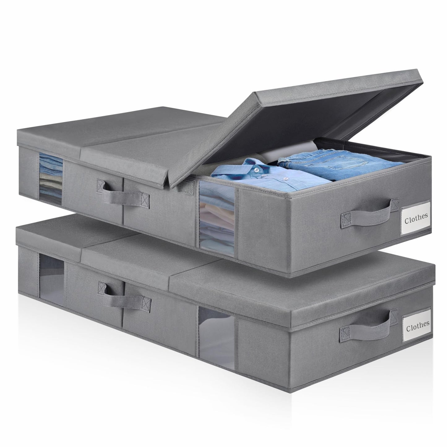 BOSNONA Under Bed Storage Box with Lid Foldable Underbed Storage Boxes with Visual Window Reinforced Handles Under Bed Clothes Storage for Blankets