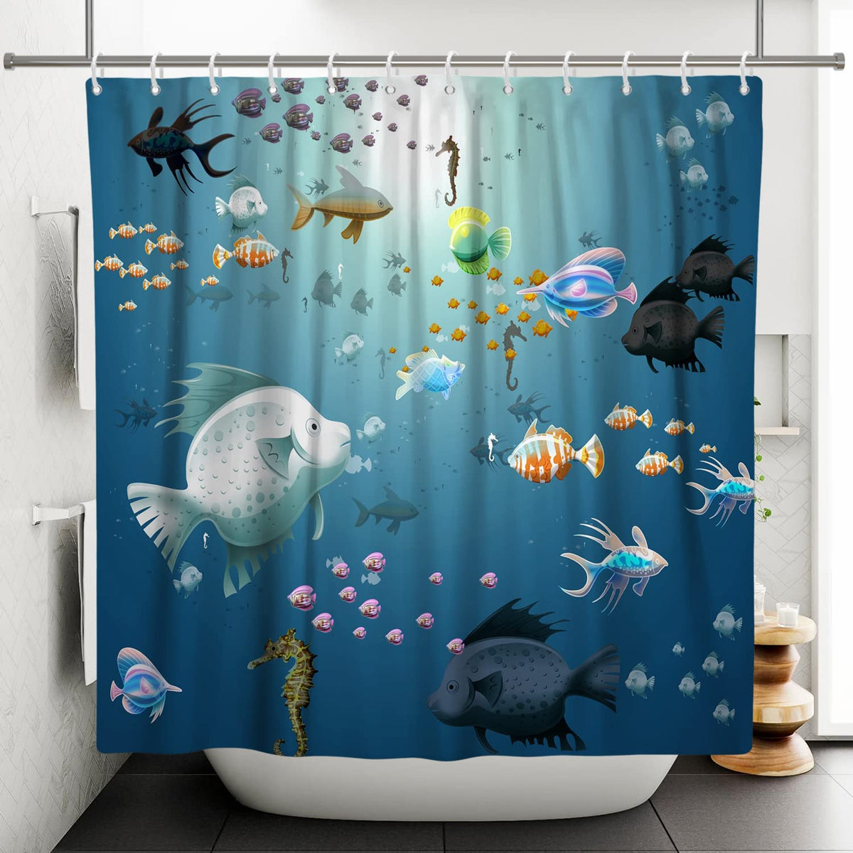 SDOTPMT 140x183cm Cartoon Fish Shower Curtain Colorful Tropical Fishes Hippocampus Marine Animal Bath Curtain Blue Ocean Bathtub Curtain for Bathroom