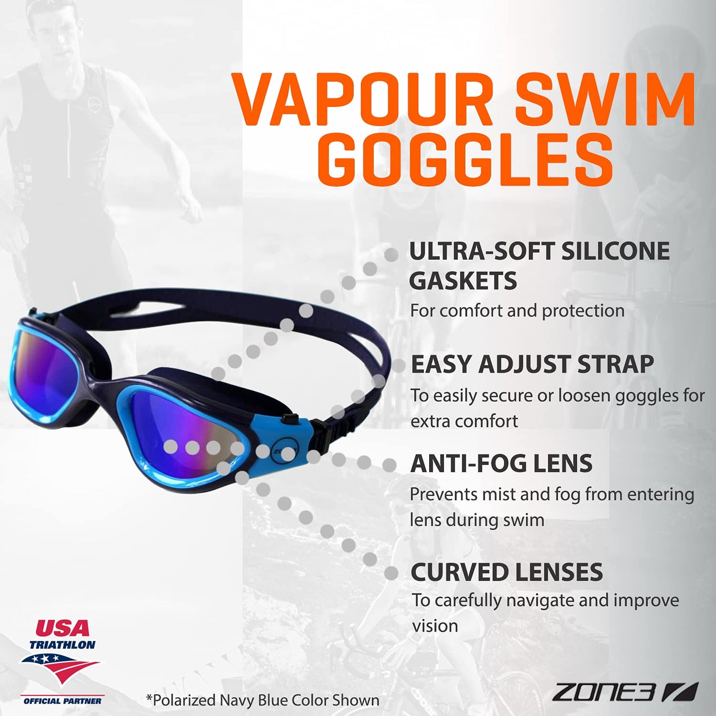 ZONE3 Vapour Swim Goggles - Anti-Fog Treated Lenses & 100% UVA/UVB Protection For Open Water And Pool Swimming Unisex Goggles