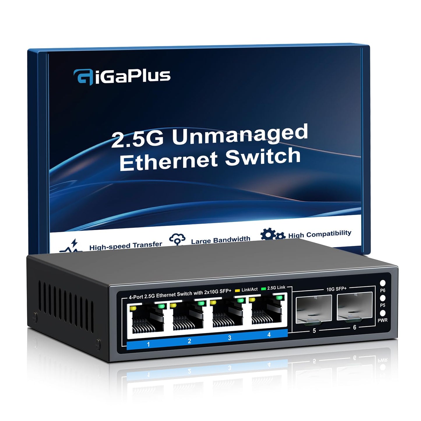 GiGaPlus 6 Port 2.5Gb Unmanaged Ethernet Switch with 4*2.5G Base-T Ports, 2*10G SFP+ Ports. 2.5Gbps Network Switch for 2.5Gbps NAS/PC, WiFi6 Router,