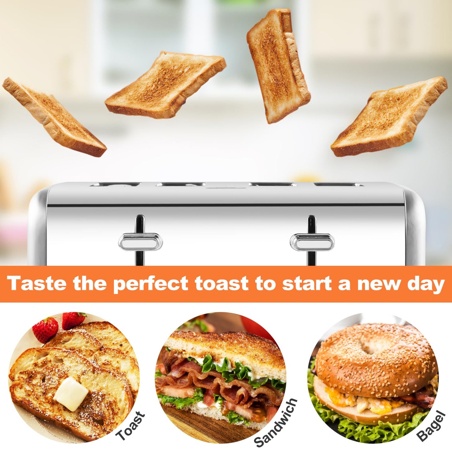 Toaster 4 Slices, Cusimax Stainless Steel Toaster with Ultra-Clear LED Display & 4 Extra-Wide Slots, Defrost/Reheat/Cancel Function, 6 Browning