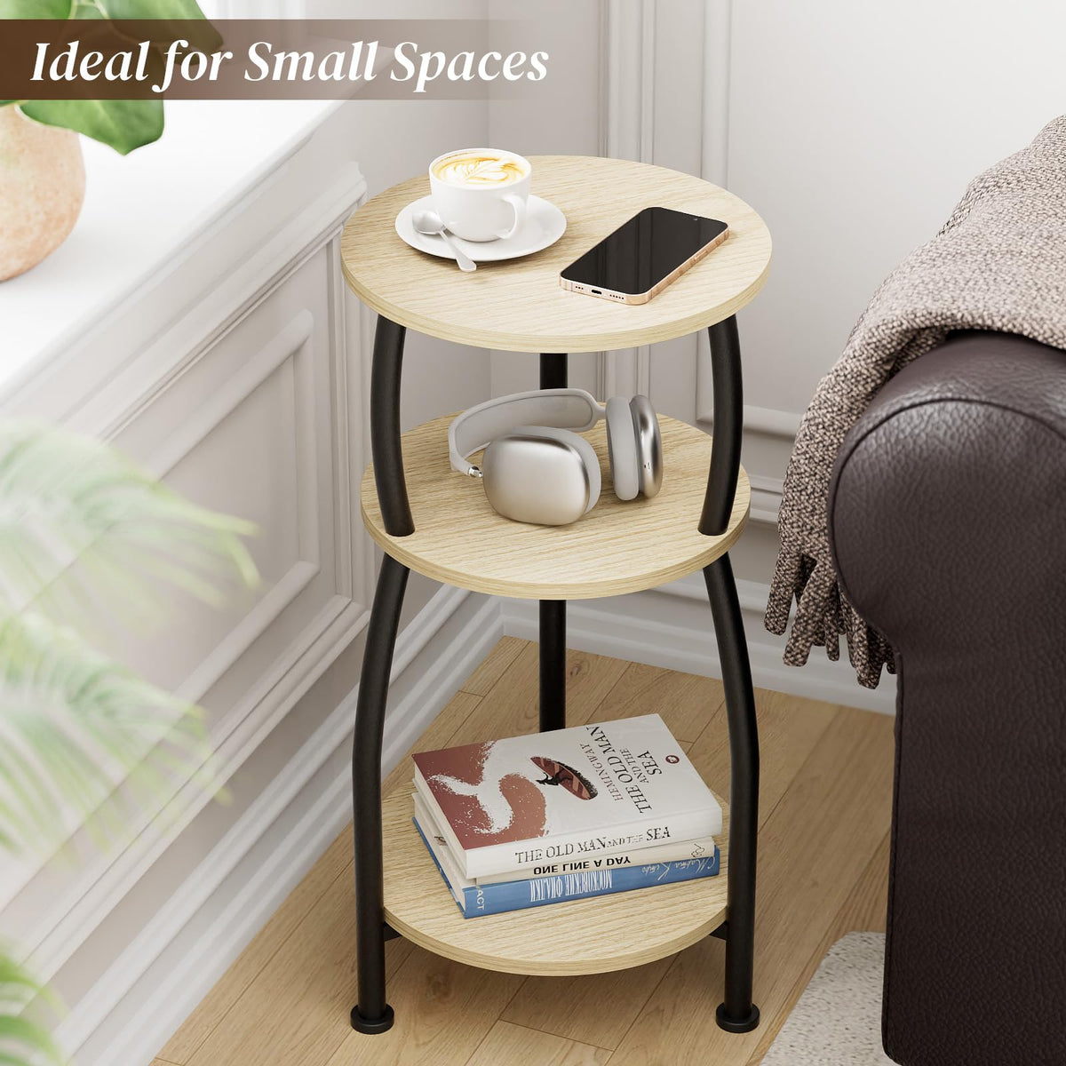 Yuede Round Side Table, 3 Tier Slim Round Coffee Table, Small End Table with Storage Shelf, Bedside Table, for Living Room, Bedroom, Small Space