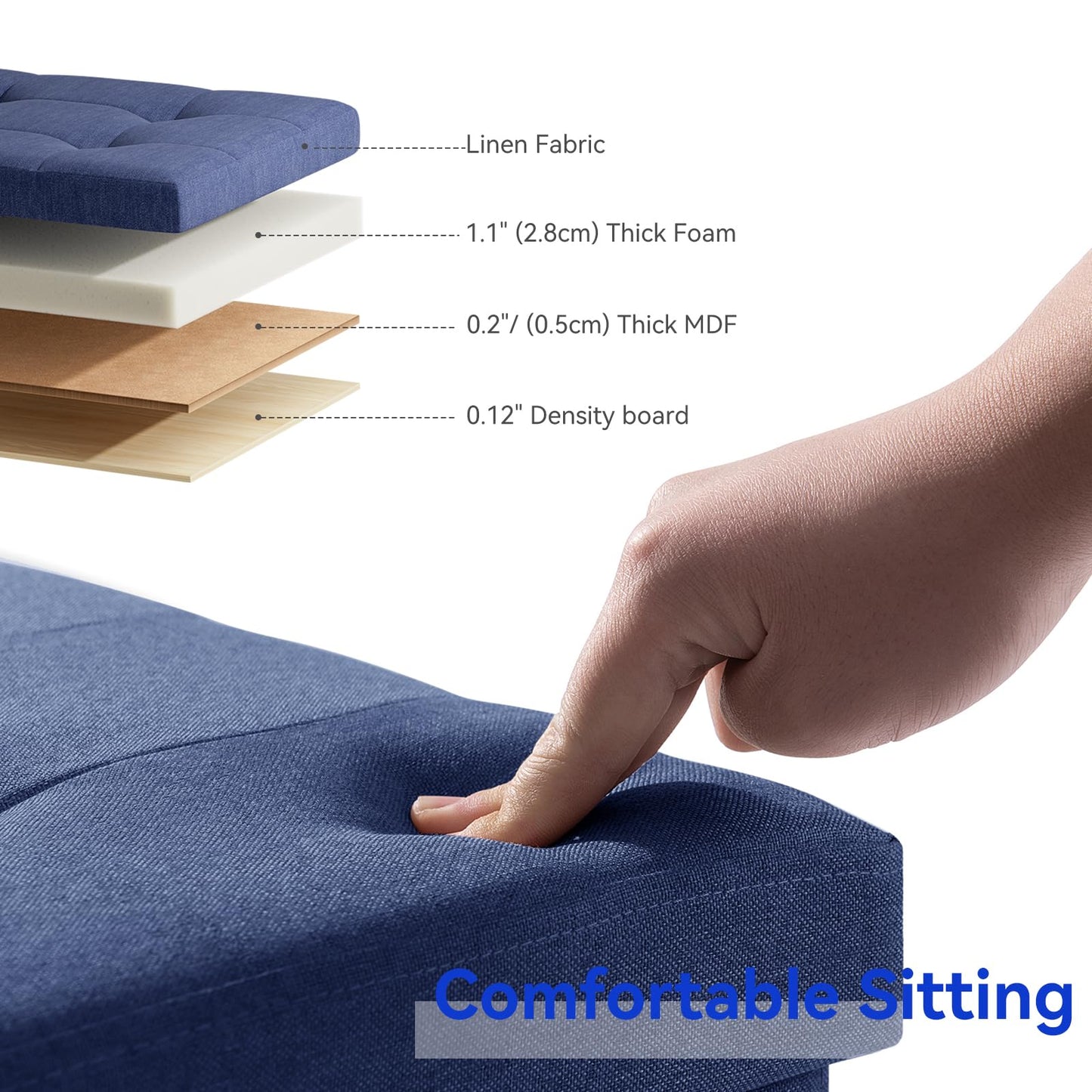 BRIAN & DANY Ottoman Storage Box with 4 Wood Legs, Linen Storage Ottoman for Living Room, Blue, 76 x 38 x 38 cm